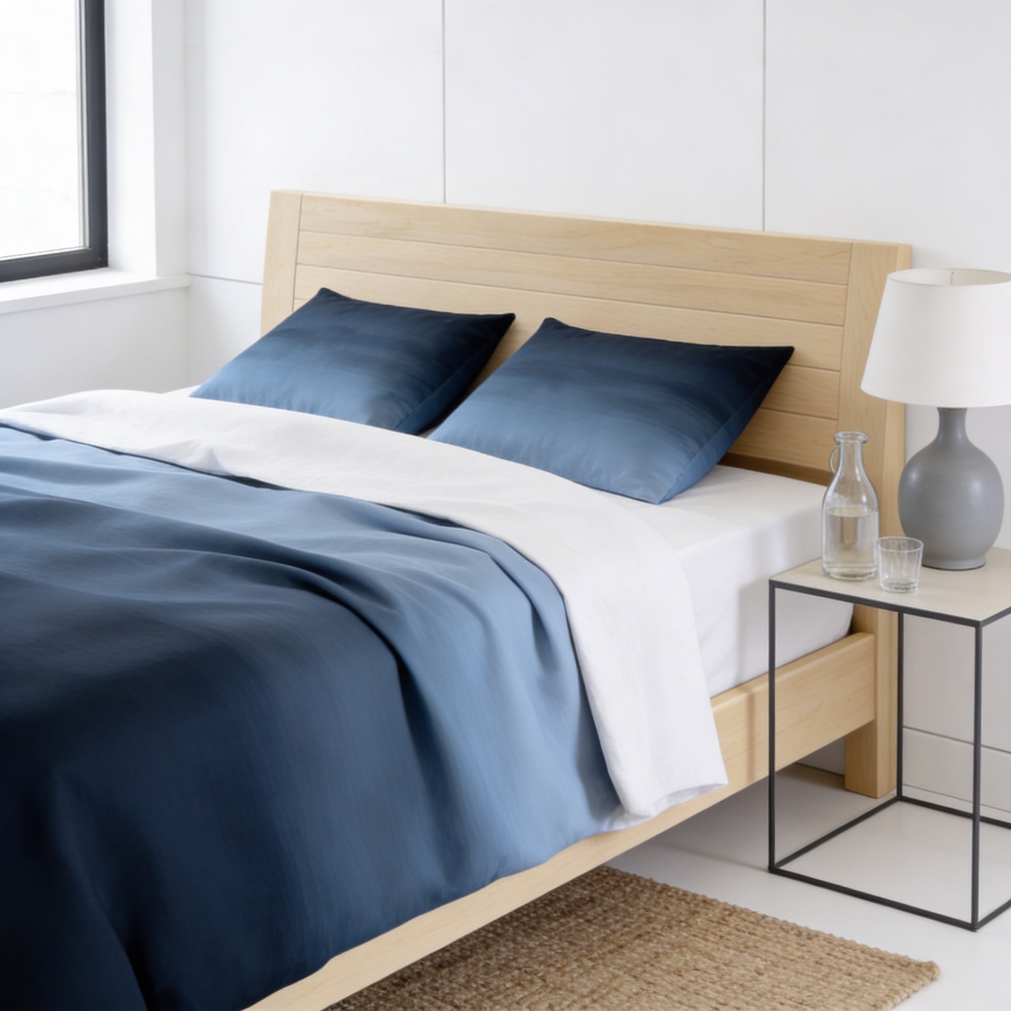 a modern bedroom with a wooden headboard and a blue and white bedding set. The bed is neatly made with a white comforter and two blue pillows. A nightstand with a lamp and a glass bottle is also present in the room.