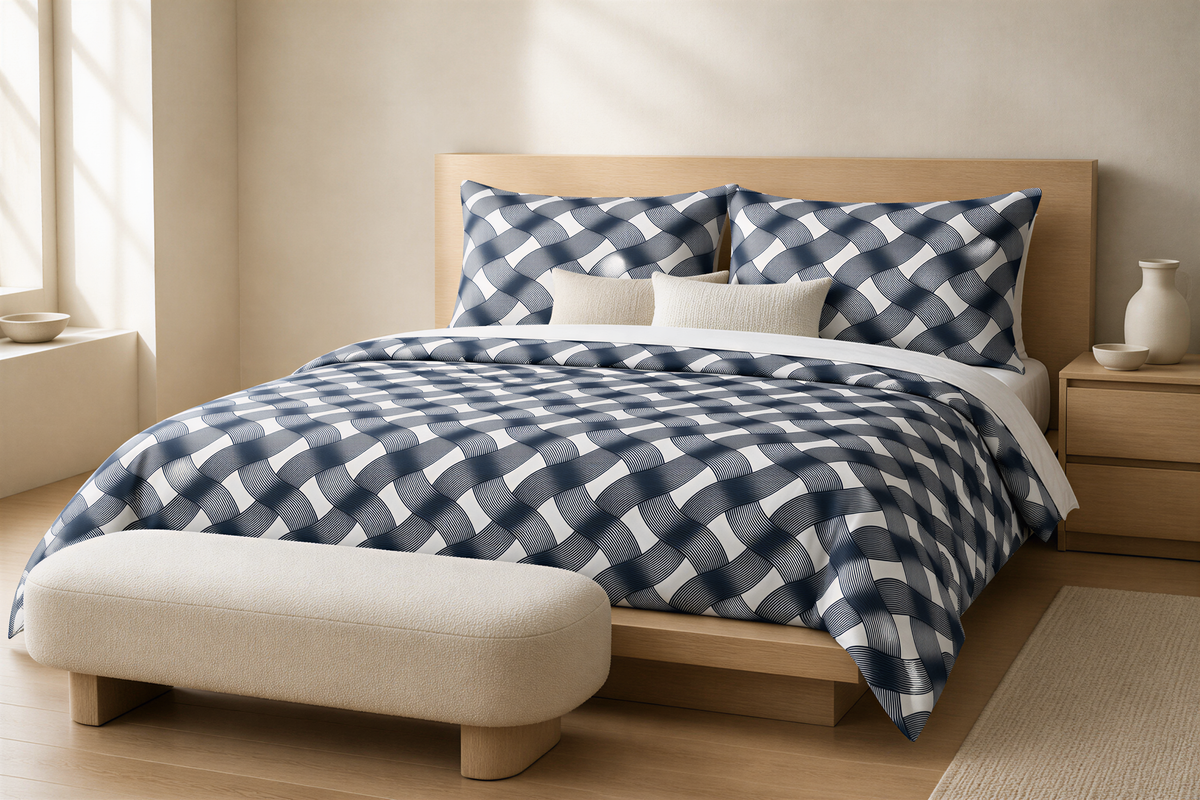 a bedroom with a bed, a wooden headboard, and a white ottoman. The bed has a blue and white checkered comforter and matching pillows. The room has a neutral color scheme with beige walls and a wooden floor.