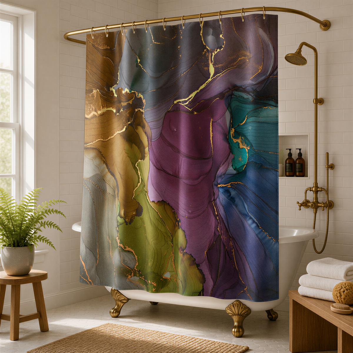 a bathroom with a colorful abstract pattern on the shower curtain, a white bathtub, and a wooden stool.