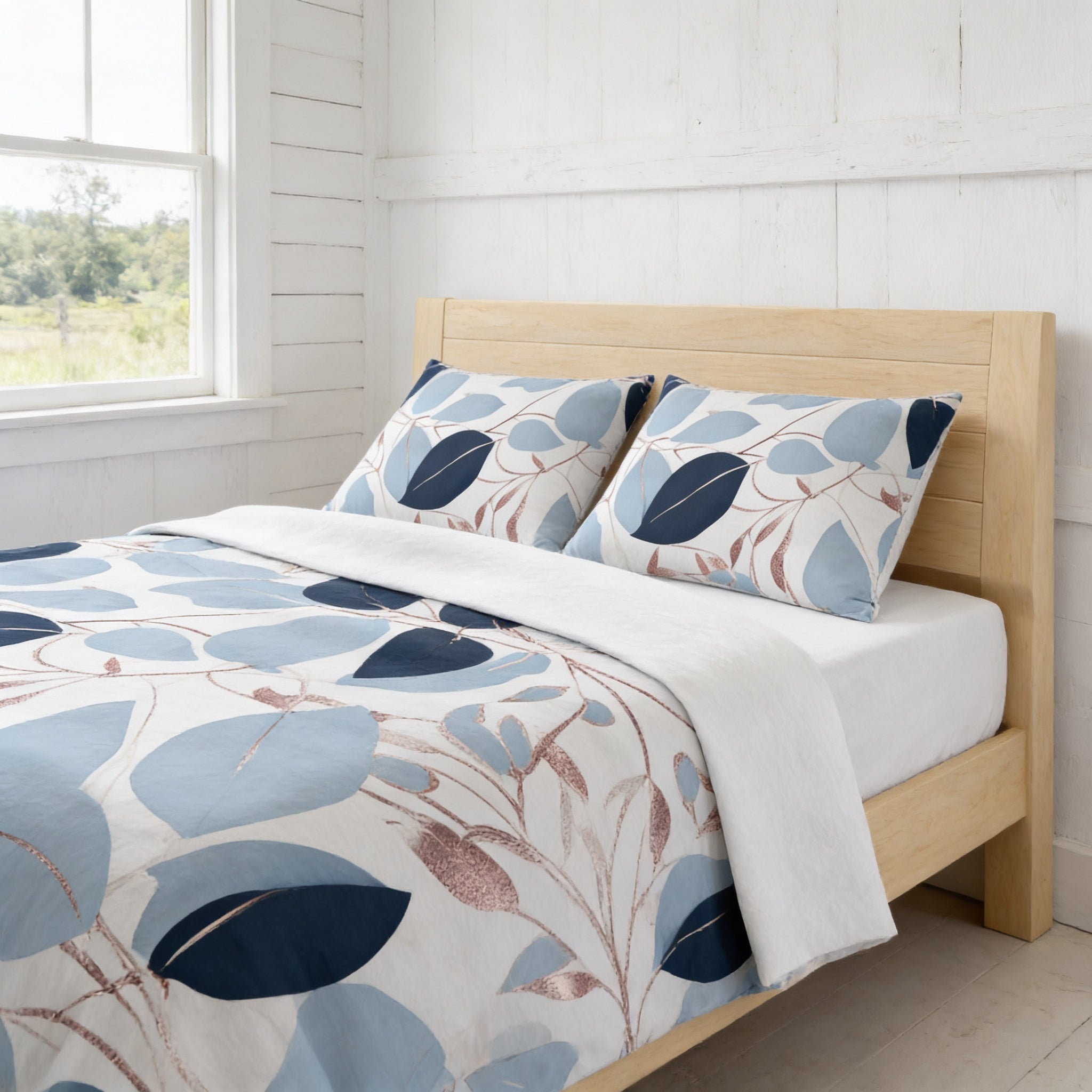a bedroom with a bed featuring a white and blue leaf-patterned comforter and pillows. The bed is positioned against a white wall with a window, and the overall color scheme is predominantly white and blue.