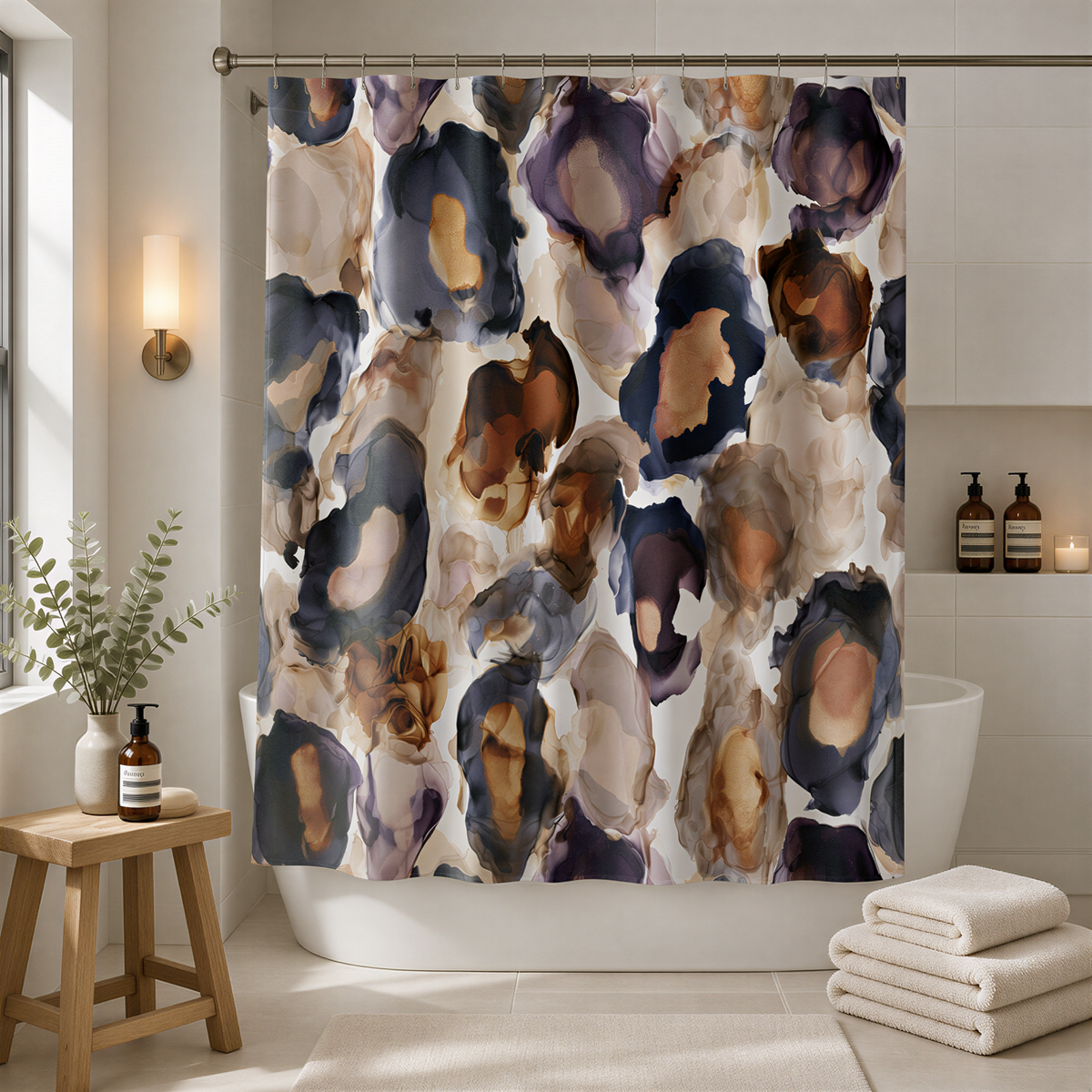 a bathroom with a shower curtain featuring a colorful abstract pattern in shades of purple, orange, and brown. The bathroom also includes a wooden stool, a white bathtub, and a shelf with bottles.