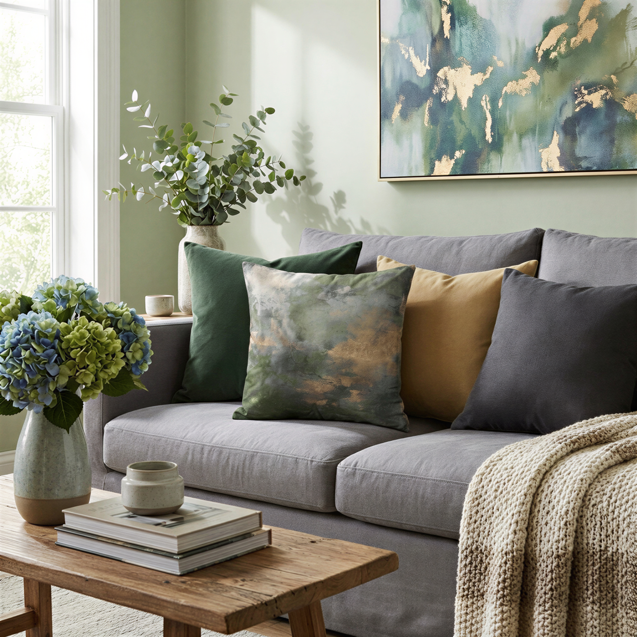 a cozy living room with a gray sofa adorned with throw pillows in various shades of green and gold. A wooden coffee table sits in front of the sofa, and a vase of blue hydrangeas adds a touch of nature to the space. A painting hangs on the wall above the sofa, and a window allows natural light to illuminate the room.