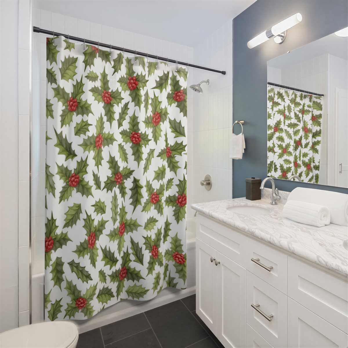 Christmas Shower Curtain White Green Red Mistletoe hanging in a bathroom
