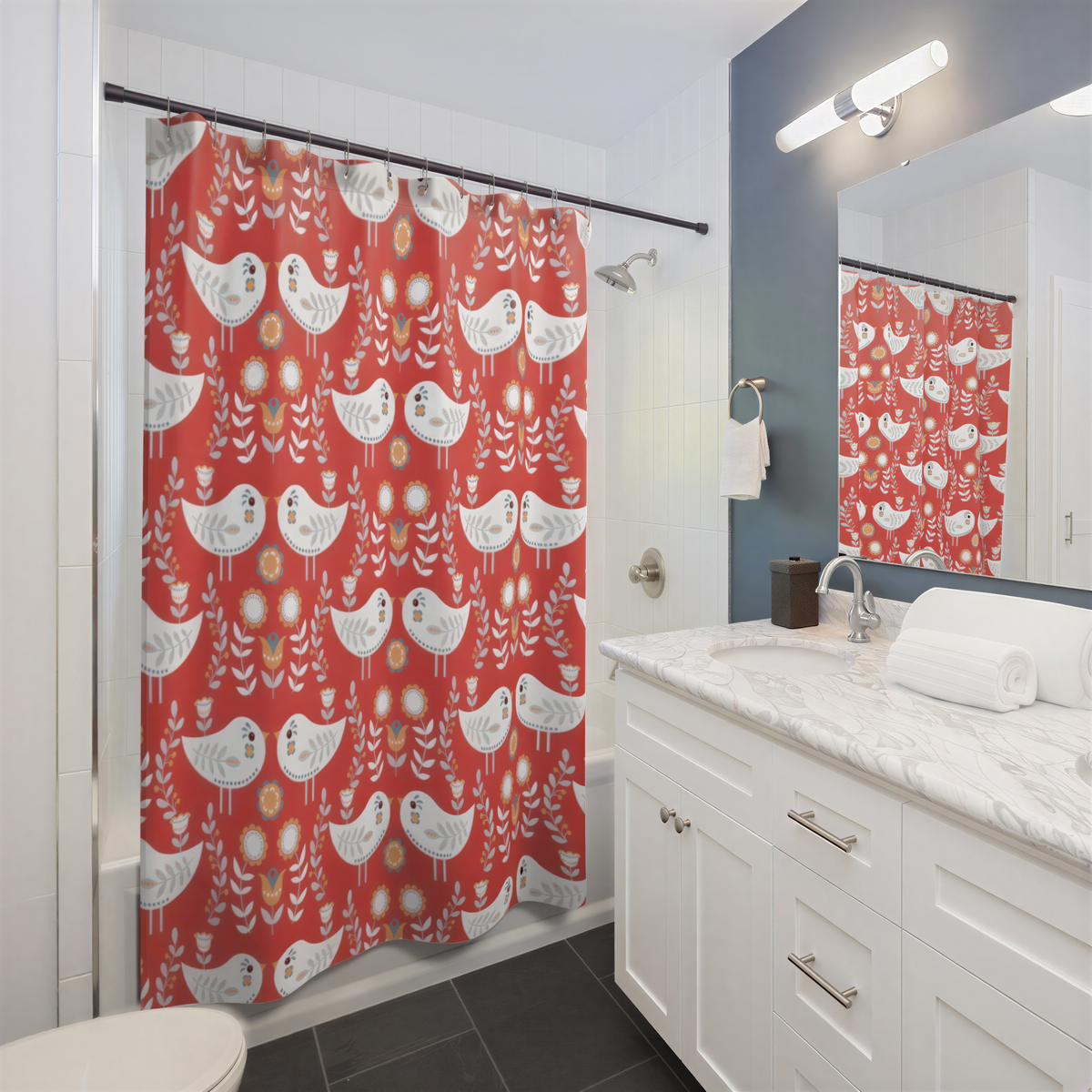 Christmas Shower Curtain Red White Nordic Folk Birds hanging in a bathroom