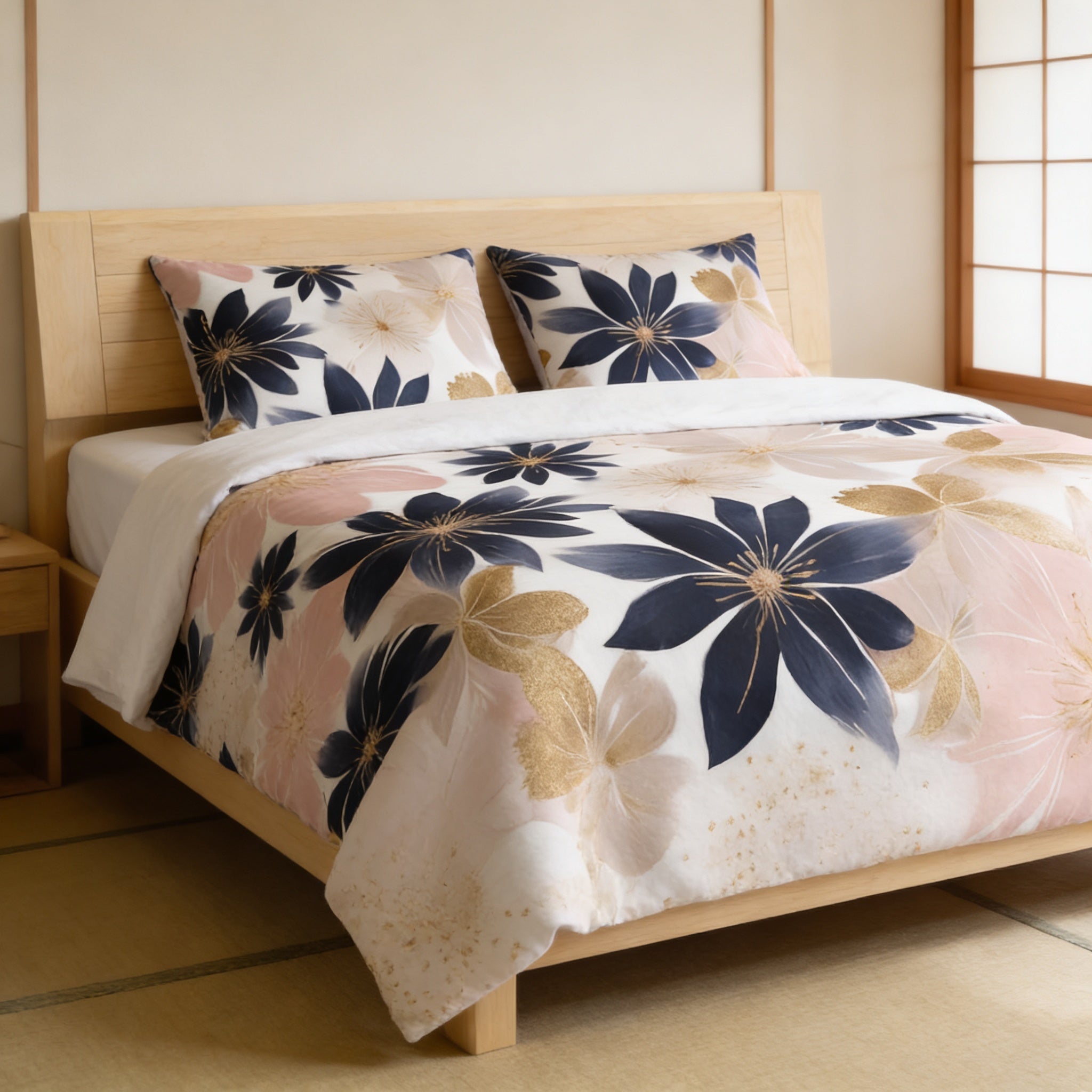 a bedroom with a bed featuring a floral comforter and pillows. The bed is positioned against a wall with a window, creating a cozy and inviting atmosphere.