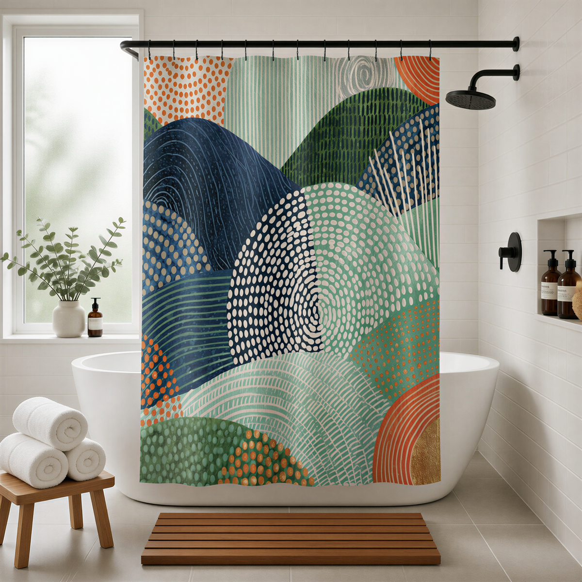 a bathroom with a colorful abstract patterned shower curtain hanging above a white bathtub. The shower curtain has a mix of blue, green, orange, and white colors, creating a vibrant and lively design. The bathroom also includes a wooden stool, a potted plant, and some bottles, adding to the overall aesthetic of the space.
