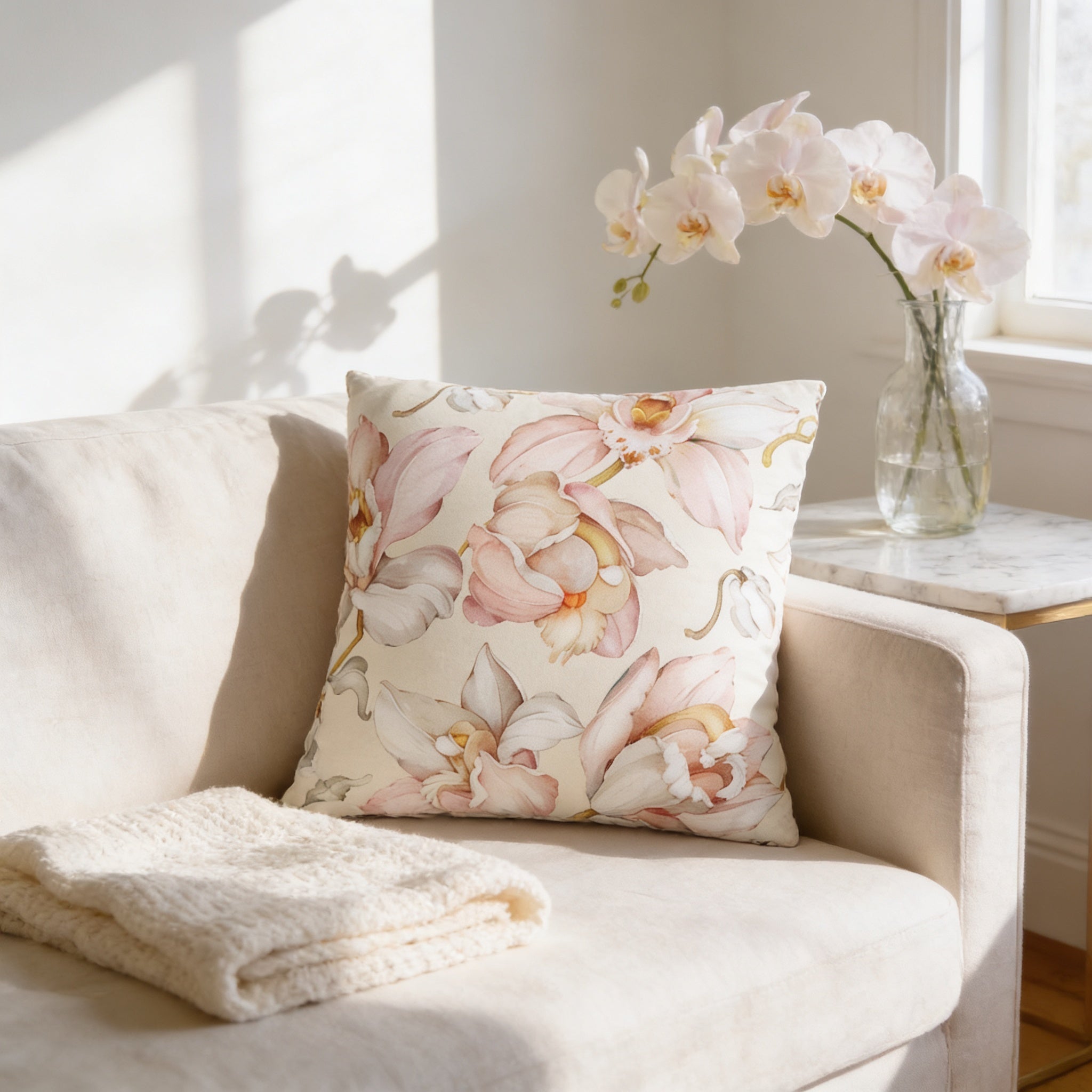 a cozy living room with a beige sofa, a decorative pillow with a floral pattern, and a vase of white orchids on a side table.