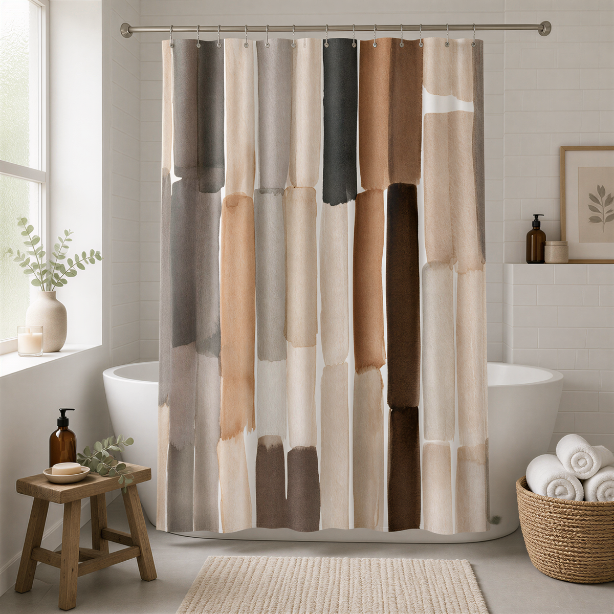 a bathroom with a shower curtain featuring a colorful abstract design in various shades of brown and beige. The bathroom is well-decorated with a wooden stool, a basket of rolled towels, and a potted plant.