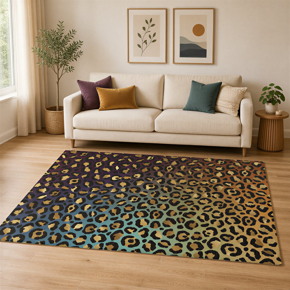 a living room with a white sofa, a leopard print rug, and two framed pictures on the wall.
