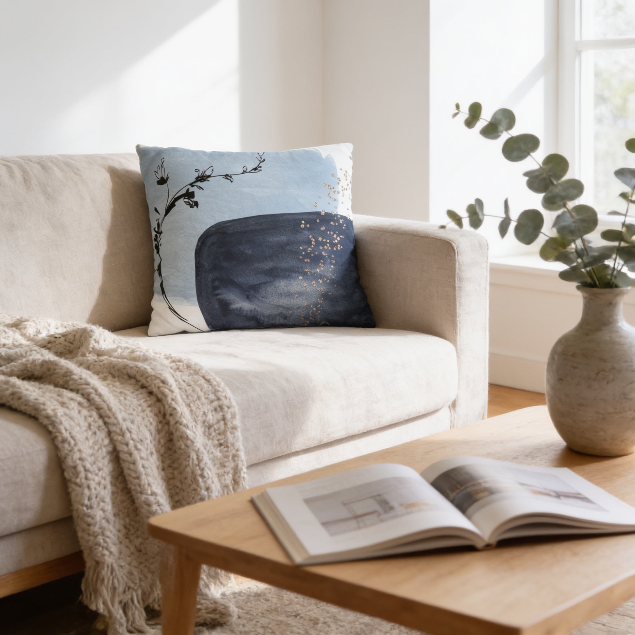 a cozy living room with a beige sofa, a wooden coffee table, and a blue and white throw pillow. A vase of greenery is placed on the coffee table, and an open book is resting on the table.