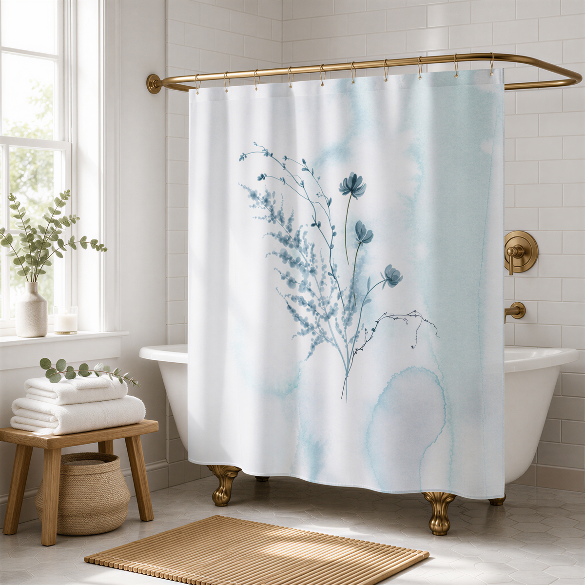 a bathroom with a white bathtub, a shower curtain featuring a blue floral design, and a wooden stool. The bathroom has white tiles and a window, creating a serene and calming atmosphere.