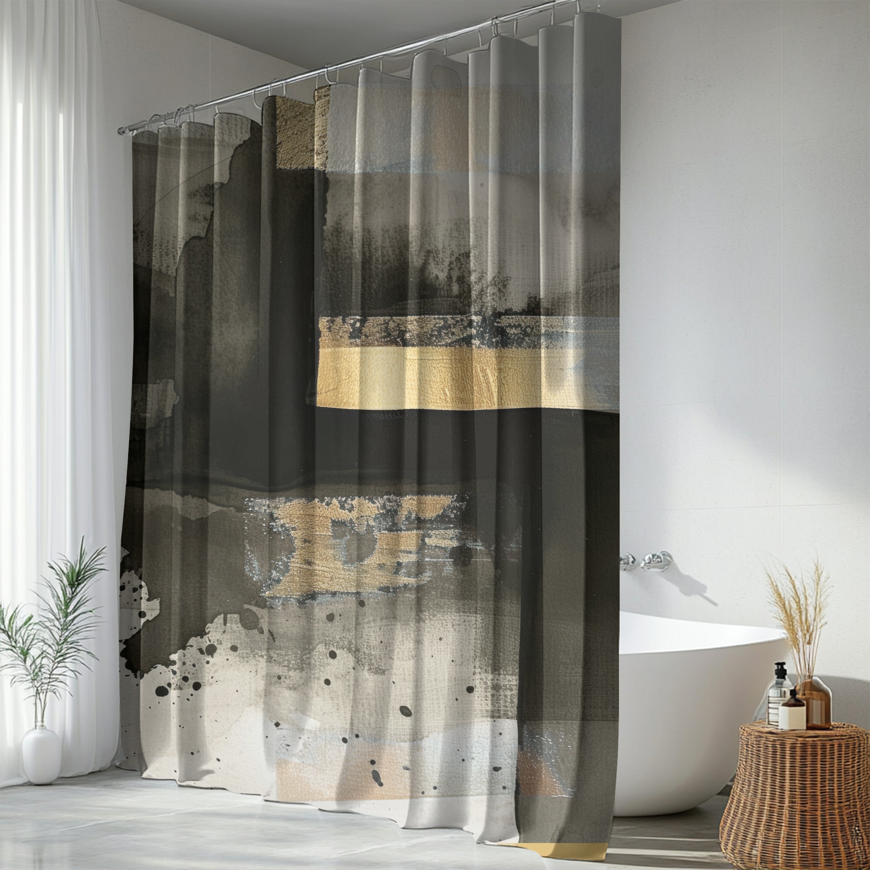 a modern bathroom with a large abstract shower curtain in shades of gray and black, a white bathtub, and a wicker side table with a plant.
