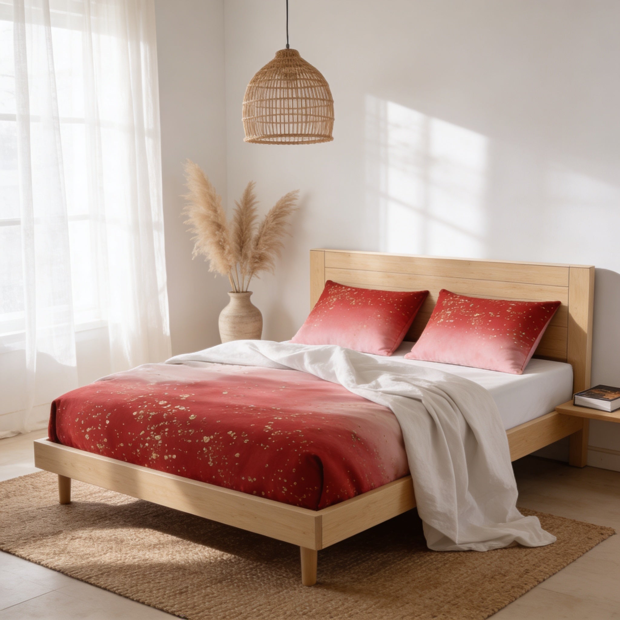a serene and cozy bedroom with a wooden bed frame, a red and white patterned comforter, and a woven light fixture hanging above the bed.