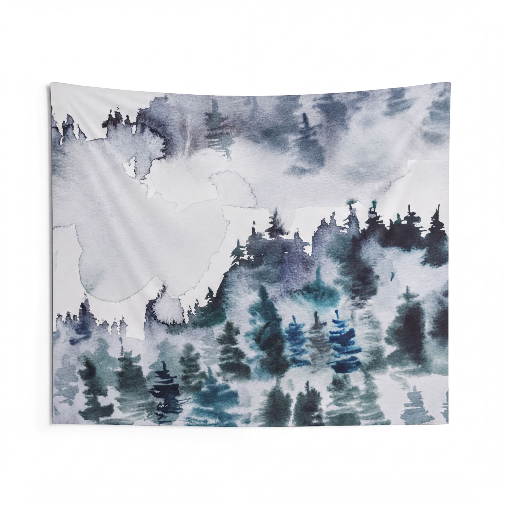 Landscape Tapestry Indigo Blue Grey Woodland Forest in a styled living room