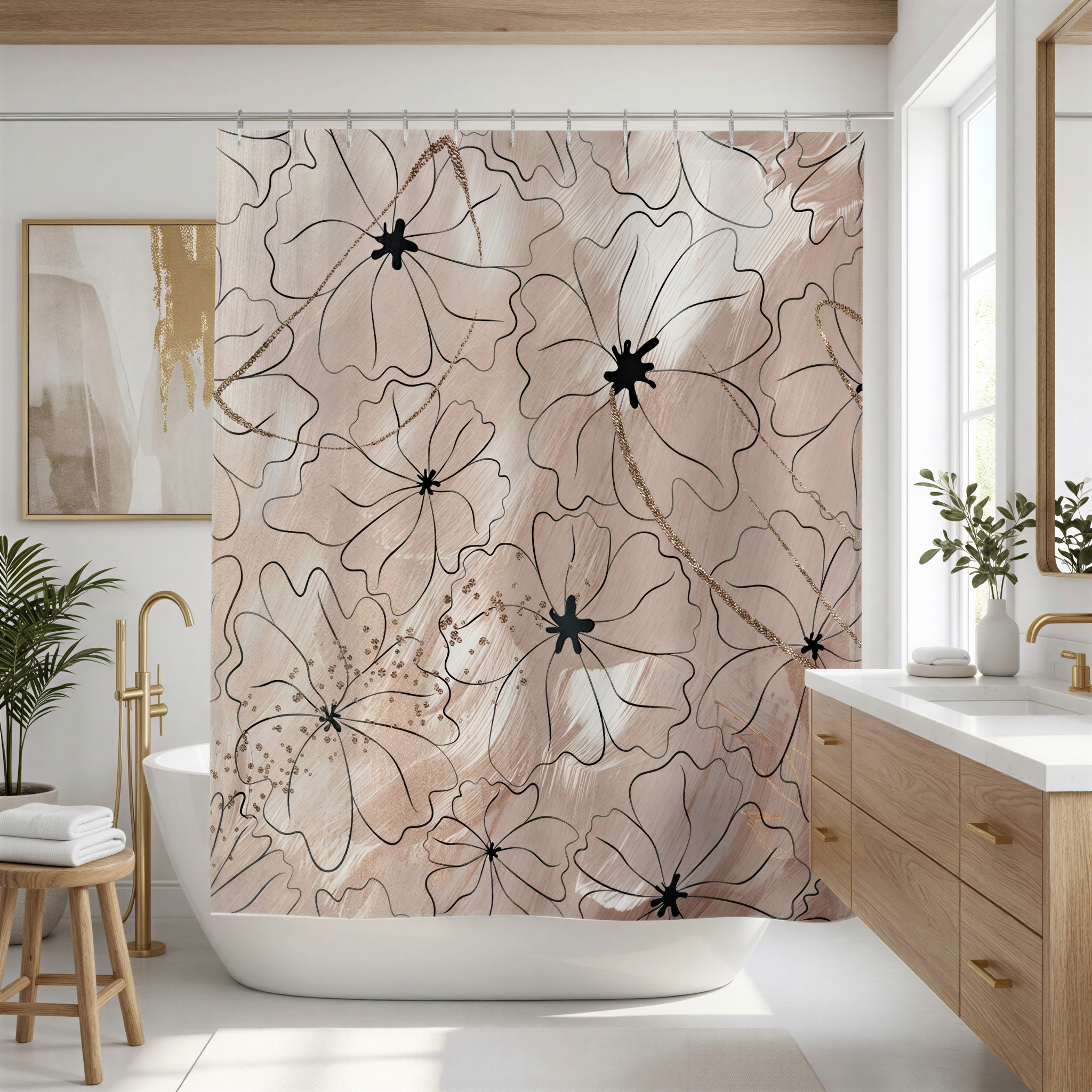 a modern bathroom with a large floral patterned shower curtain, a white bathtub, and a wooden vanity with a sink.