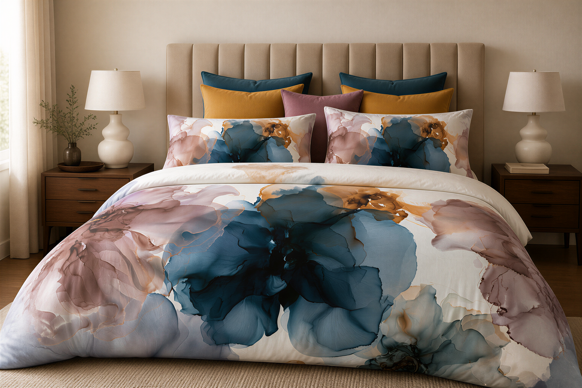 a bed with a floral comforter and matching pillows