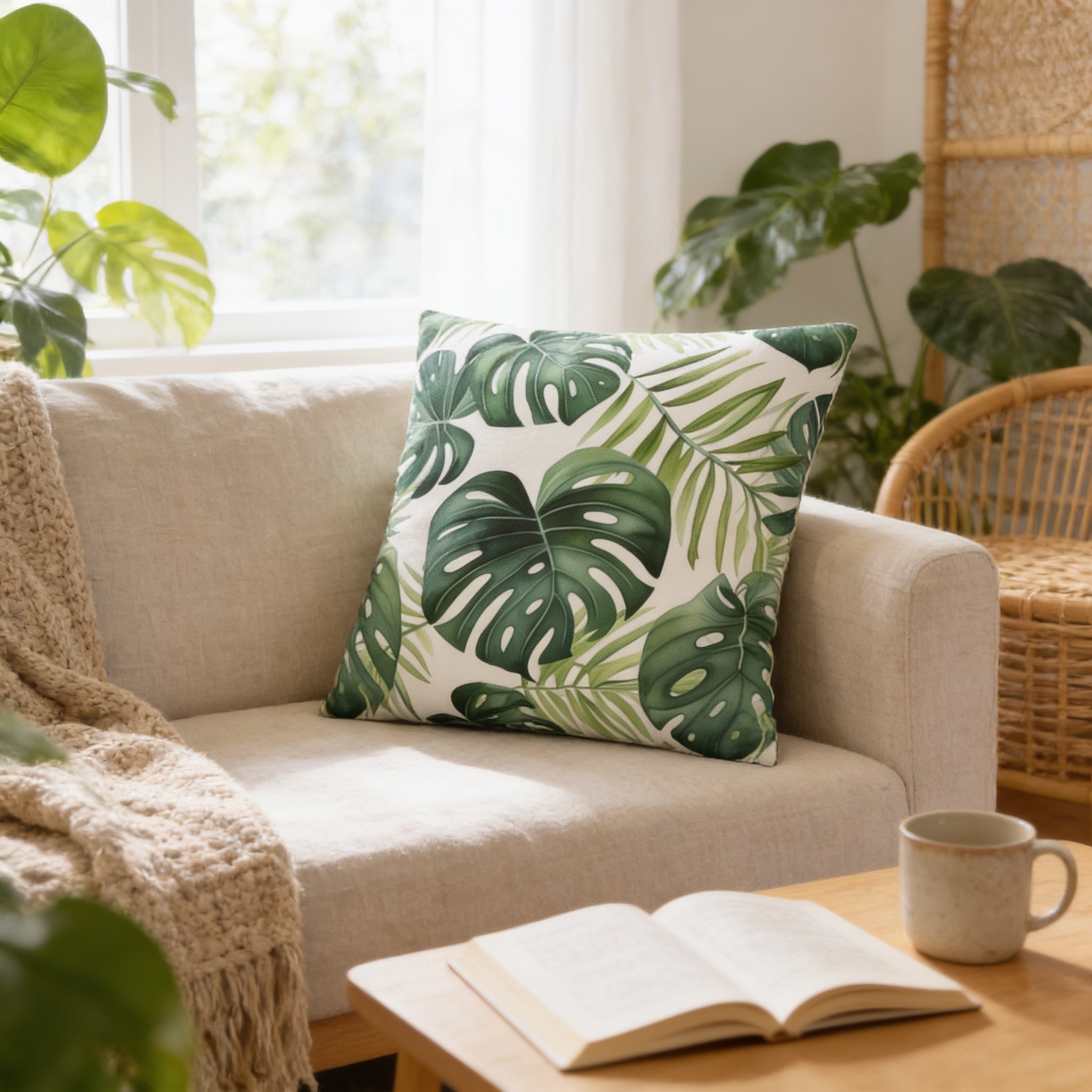 A cozy living room with a beige sofa, a green and white throw pillow featuring a tropical leaf pattern, and a coffee table with an open book.