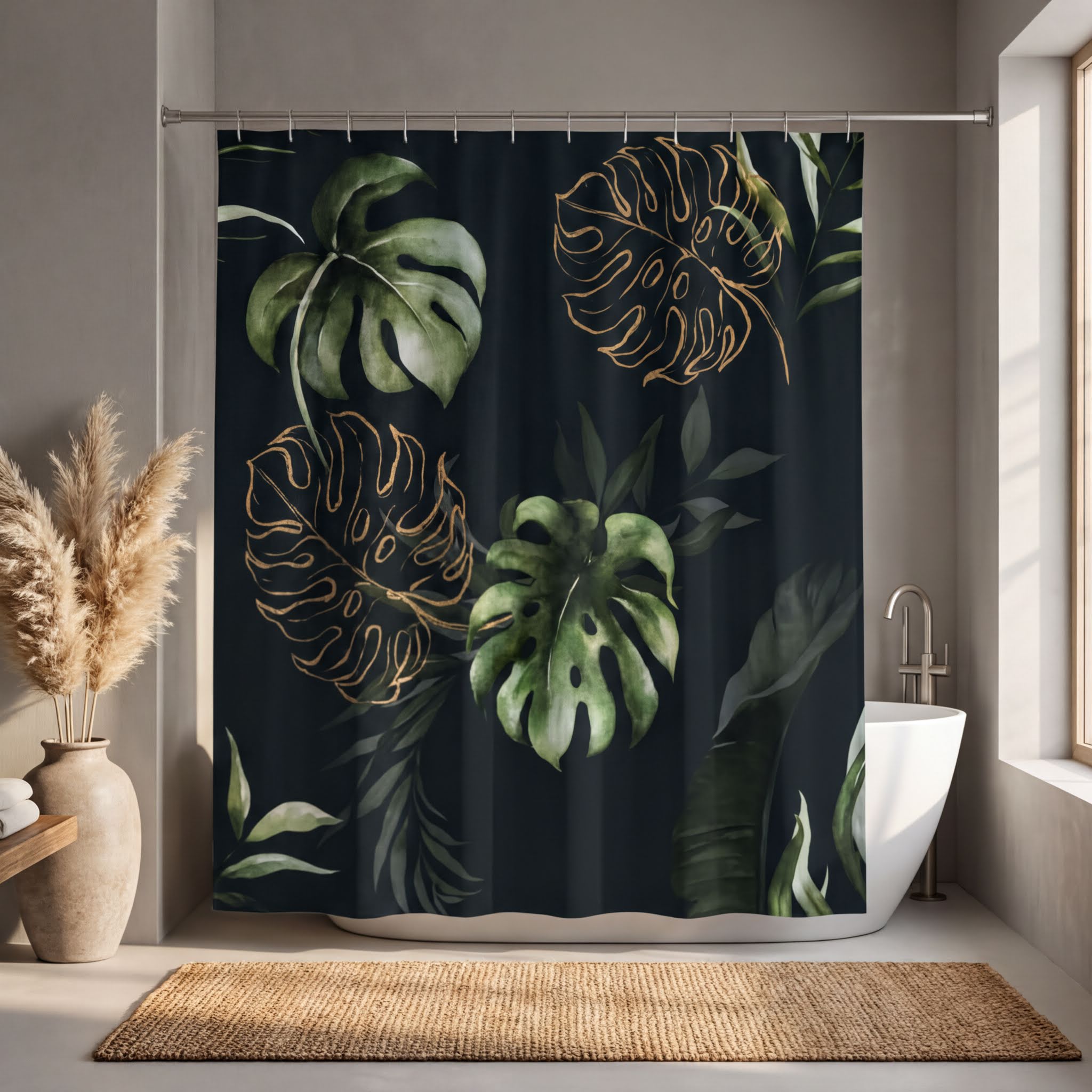 a bathroom with a shower curtain adorned with a tropical plant design. The curtain is black and has gold leaf accents, creating a striking contrast against the dark background. The bathroom is well-decorated with a rug, a vase, and a potted plant, adding to the overall aesthetic of the space.