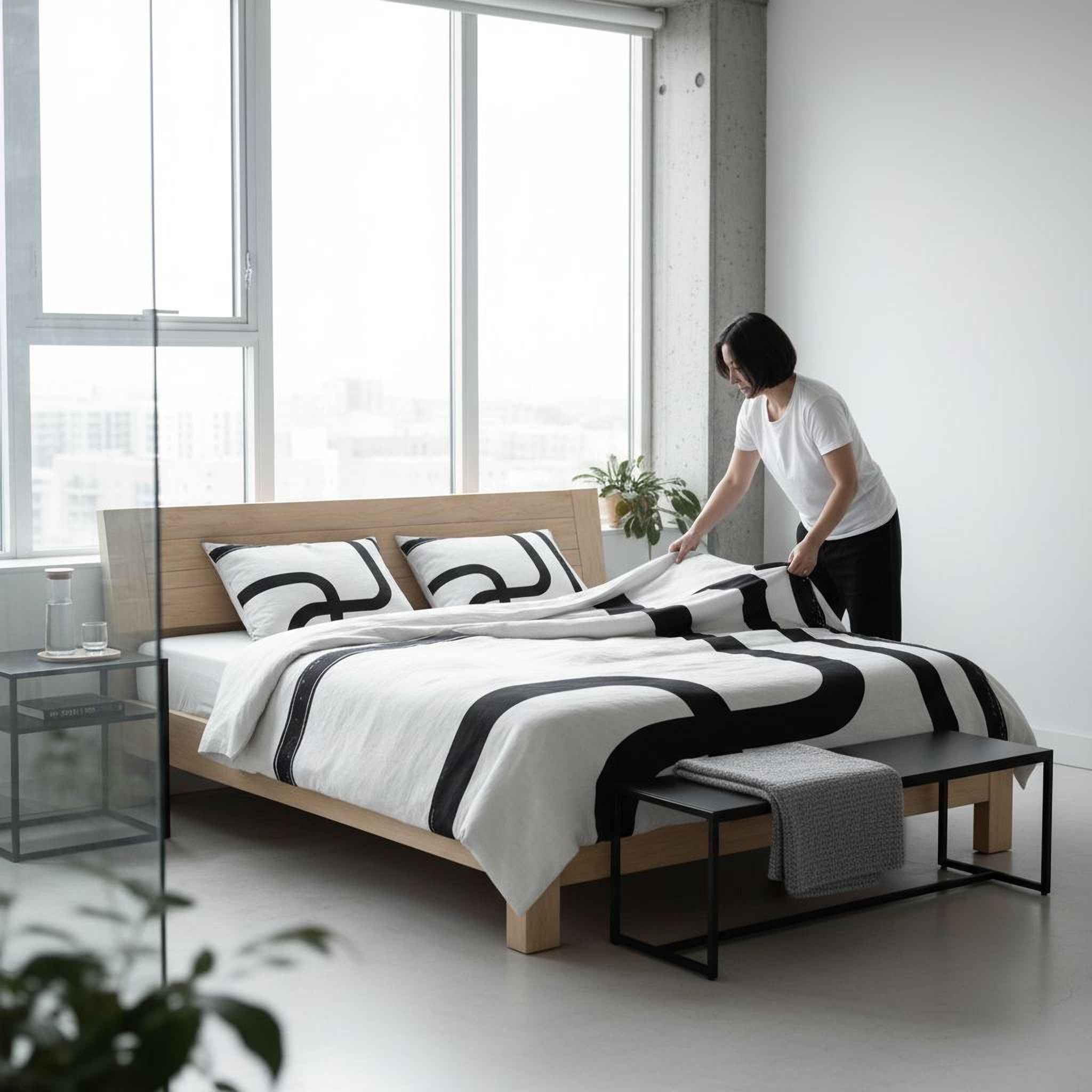 A woman is arranging a bed with a black and white patterned comforter and pillows in a bright, modern bedroom with large windows.