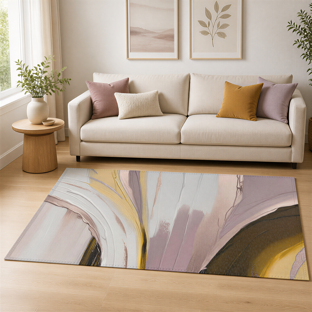 a living room with a beige sofa, a wooden side table, and a large abstract rug on the floor. The room is decorated with a few potted plants and framed artwork on the walls.