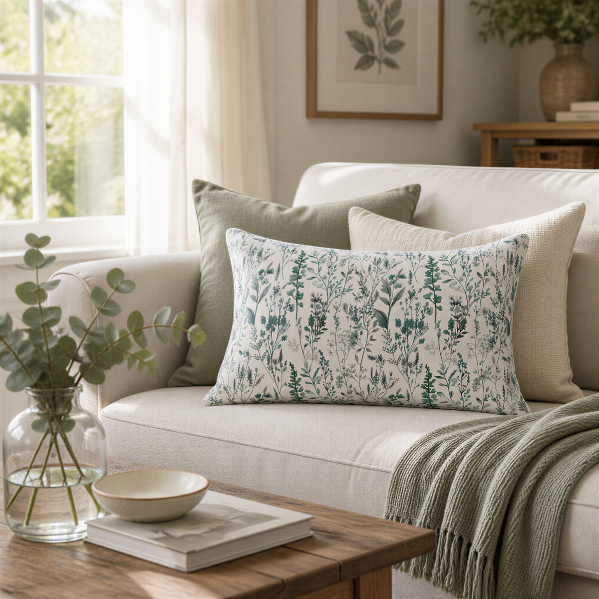 a cozy living room with a white sofa adorned with a green and white floral throw pillow. A wooden coffee table in front of the sofa holds a vase with greenery and a stack of books. The room is illuminated by natural light coming through a window, and a framed plant is visible on the wall.