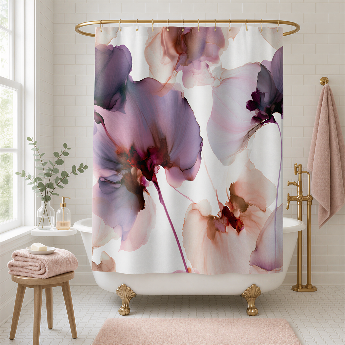 a bathroom with a white bathtub, a gold-framed mirror, and a pink floral shower curtain.