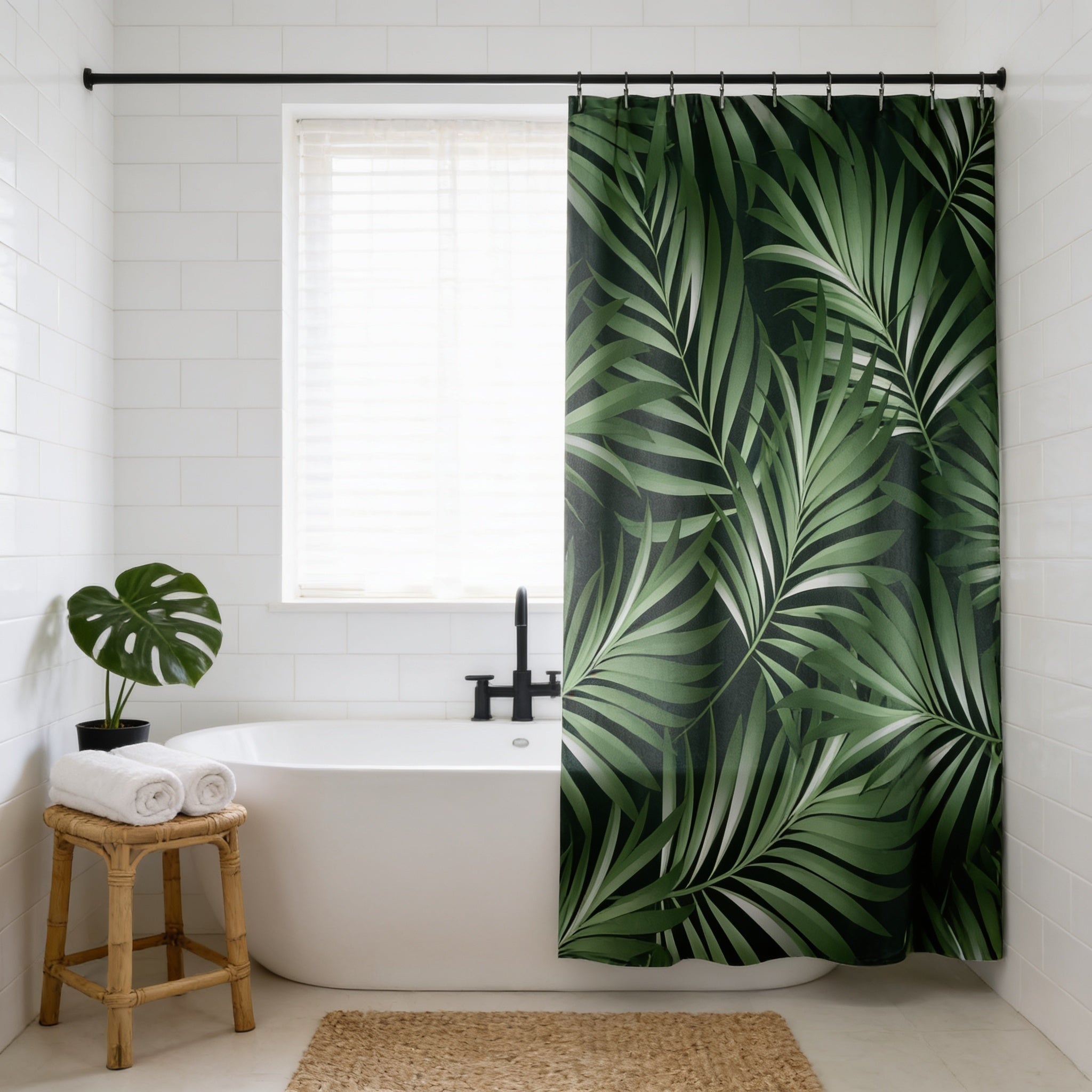 a bathroom with a white bathtub, a green leafy shower curtain, a wooden stool, and a potted plant.