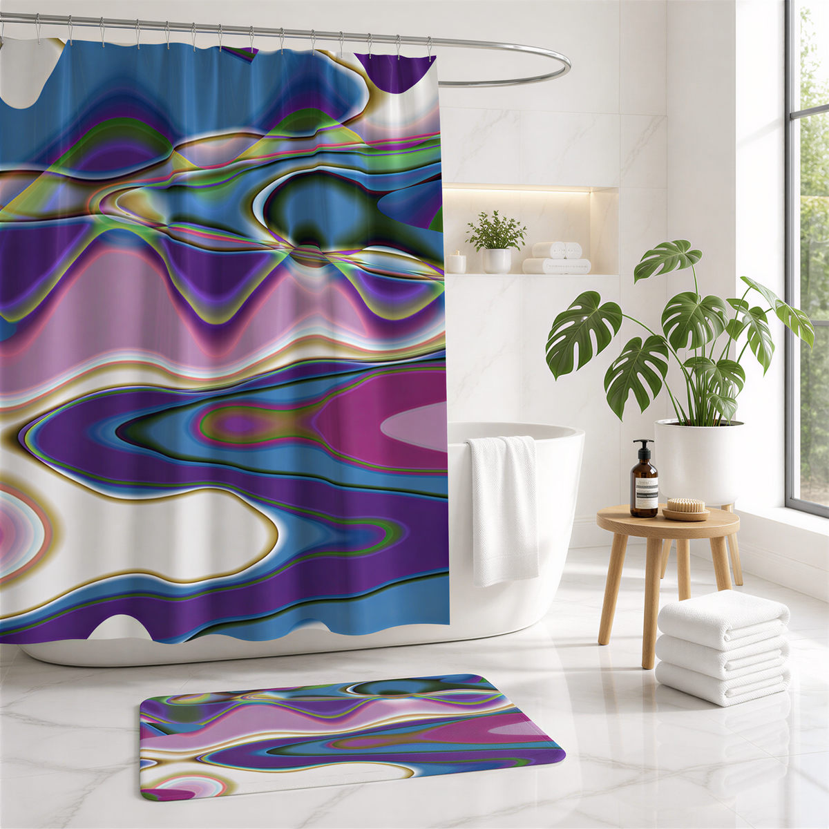 a bathroom with a colorful abstract pattern on the shower curtain, a white bathtub, a wooden stool, and a potted plant.