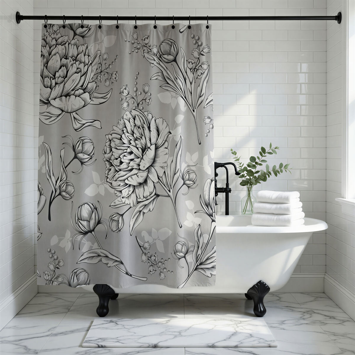 a bathroom with a white clawfoot bathtub, a shower curtain with a floral pattern, and a vase of greenery on the edge of the tub.