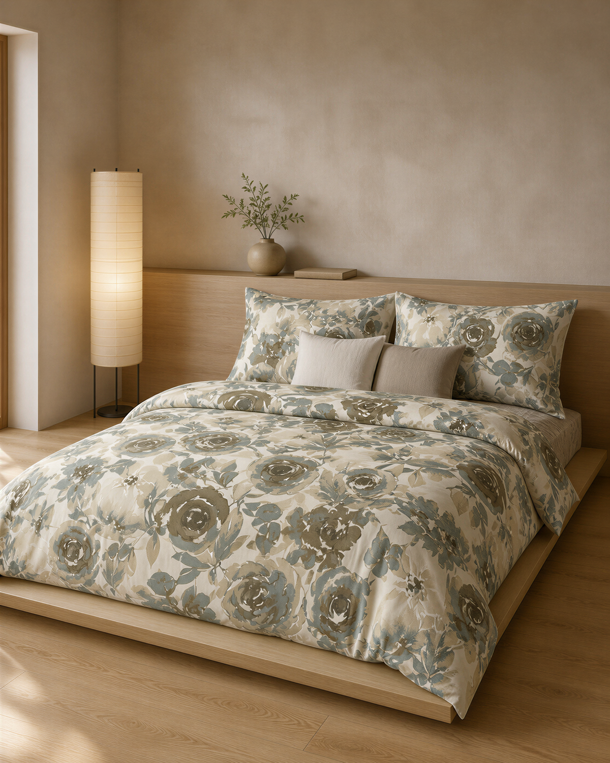 a serene and modern bedroom with a large bed adorned with a floral comforter and pillows. The bed is positioned against a wall, and a lamp is placed on a side table next to it. The room has a minimalist and clean design, with a wooden floor and a vase of greenery on the wall.