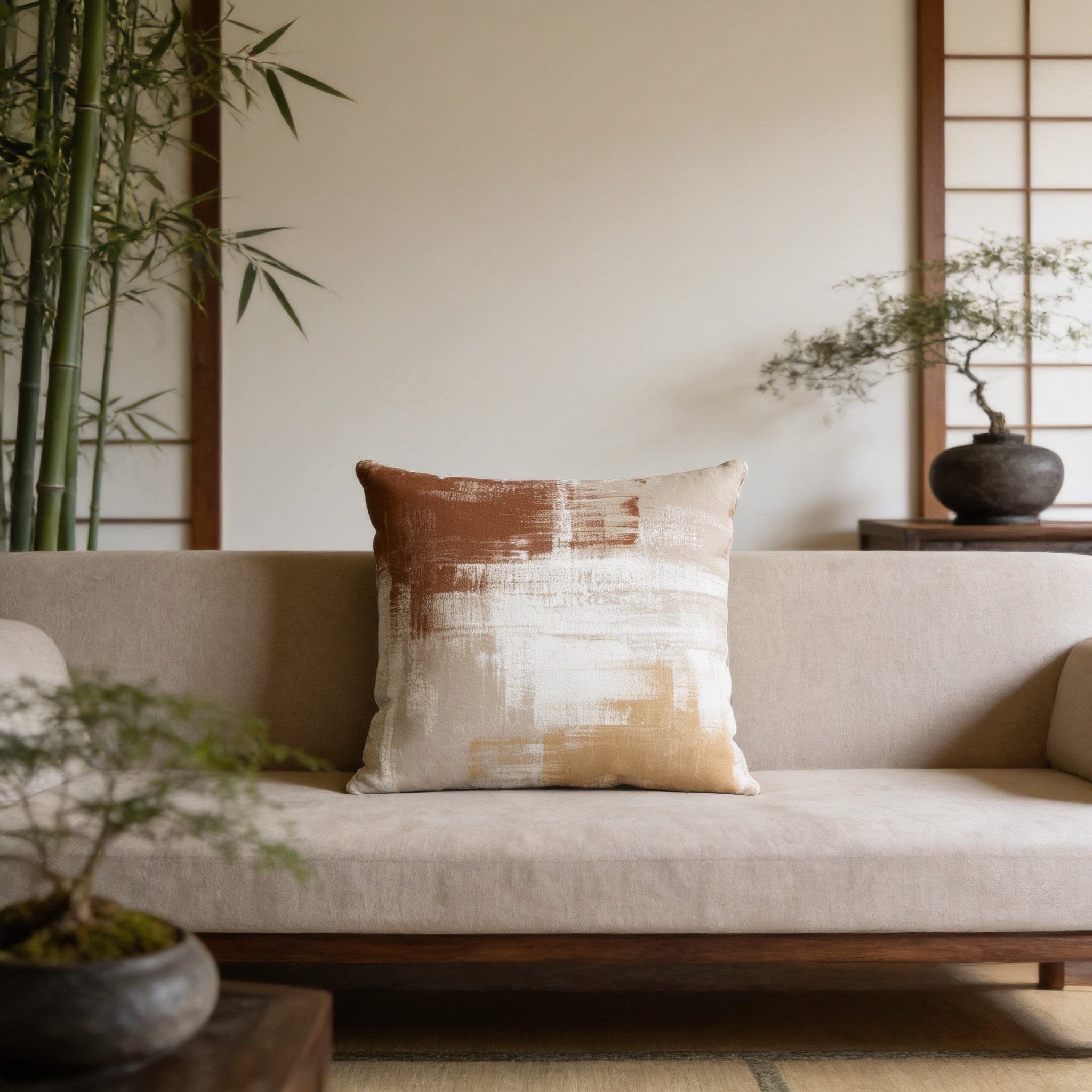a living room with a beige sofa, a decorative throw pillow, and a potted plant. The room has a minimalist and modern design, with a focus on natural elements and neutral colors.