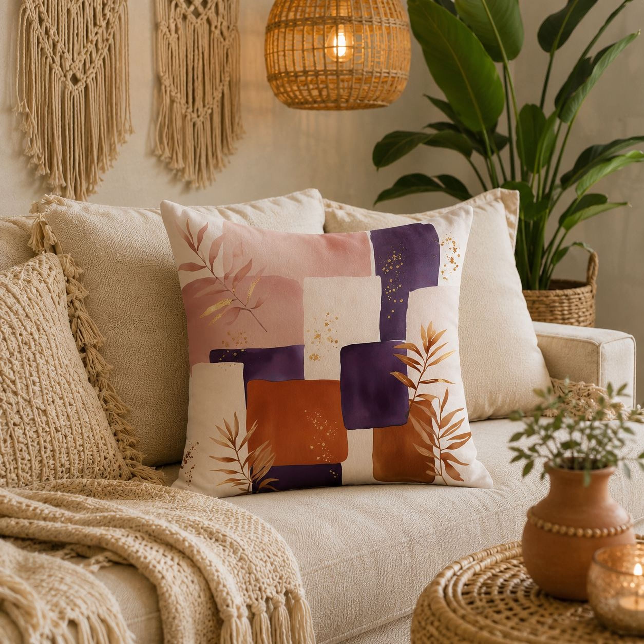 a cozy living room with a beige sofa adorned with a colorful throw pillow, a woven basket, and a potted plant. The room is decorated with a hanging light fixture and a woven table, creating a warm and inviting atmosphere.
