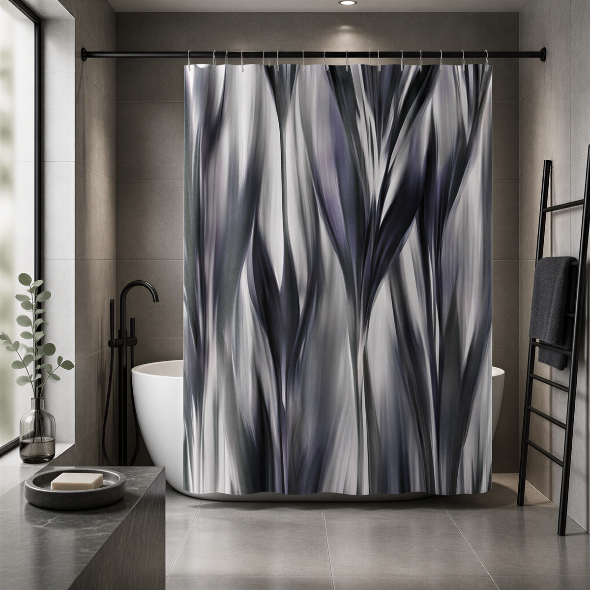 a modern bathroom with a large abstract shower curtain featuring a black and white color scheme. The bathroom has a white bathtub, a black towel rack, and a marble countertop.