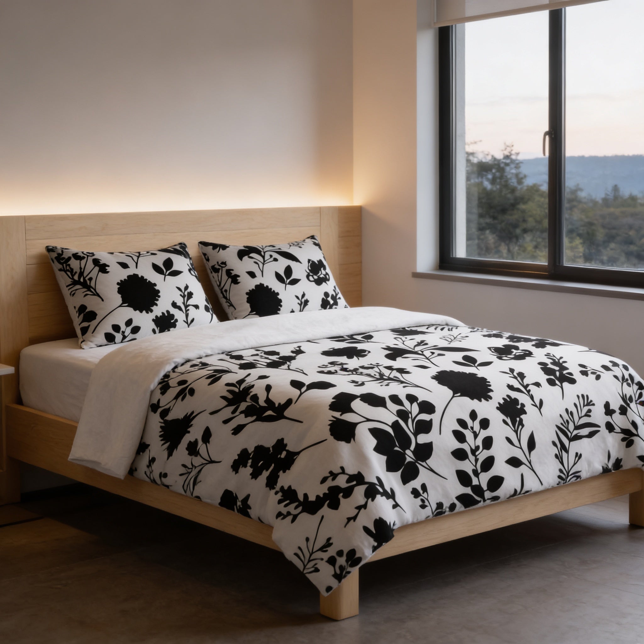 a modern bedroom with a bed featuring a black and white floral comforter and matching pillows. The bed is positioned against a wall with a window, providing a view of the outdoors. The room has a minimalist and clean design, with a focus on the bed and its black and white pattern.
