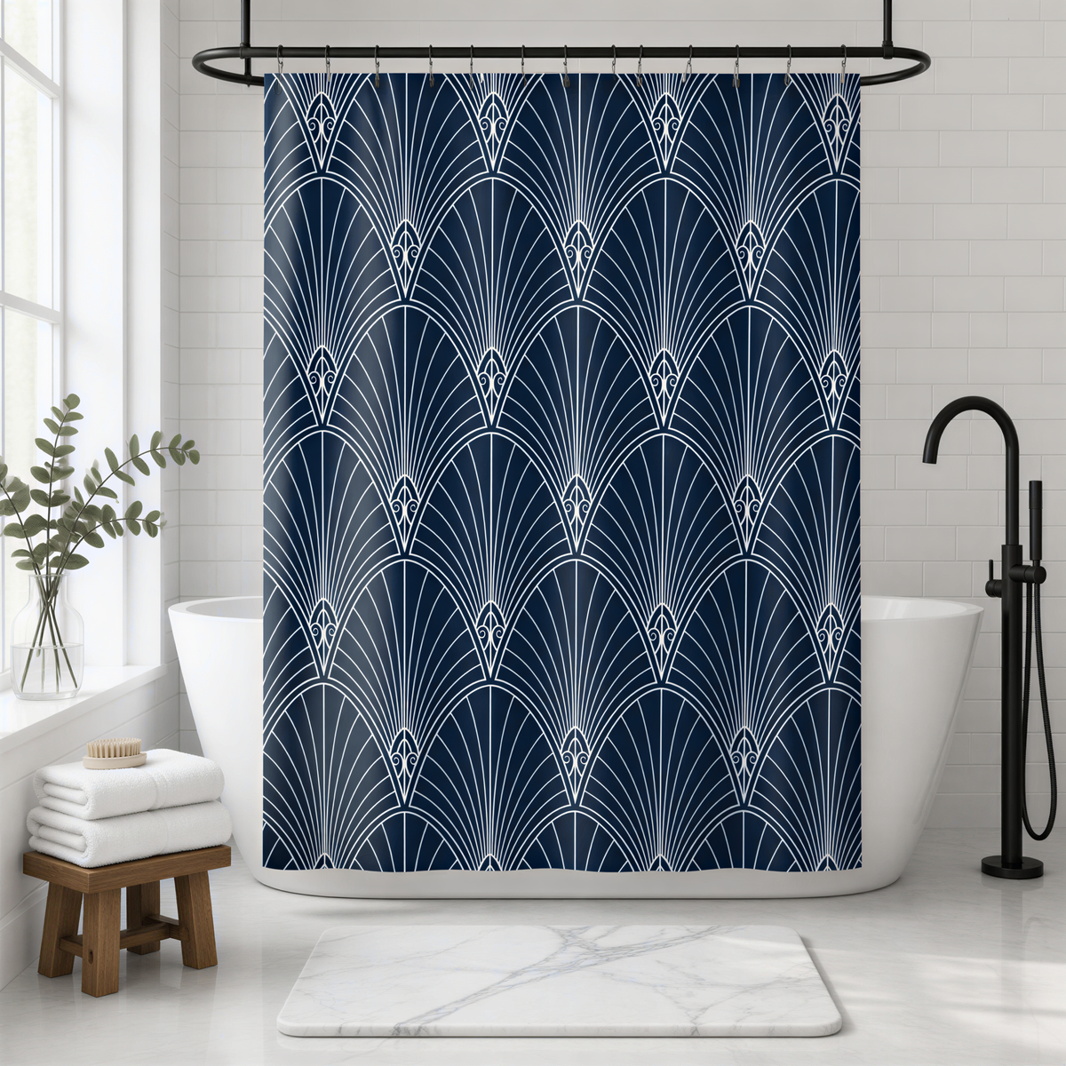 a bathroom with a white bathtub, a wooden stool, and a marble floor. The focal point is a shower curtain with a repeating pattern of blue and white feathers, creating an Art Deco-inspired design.