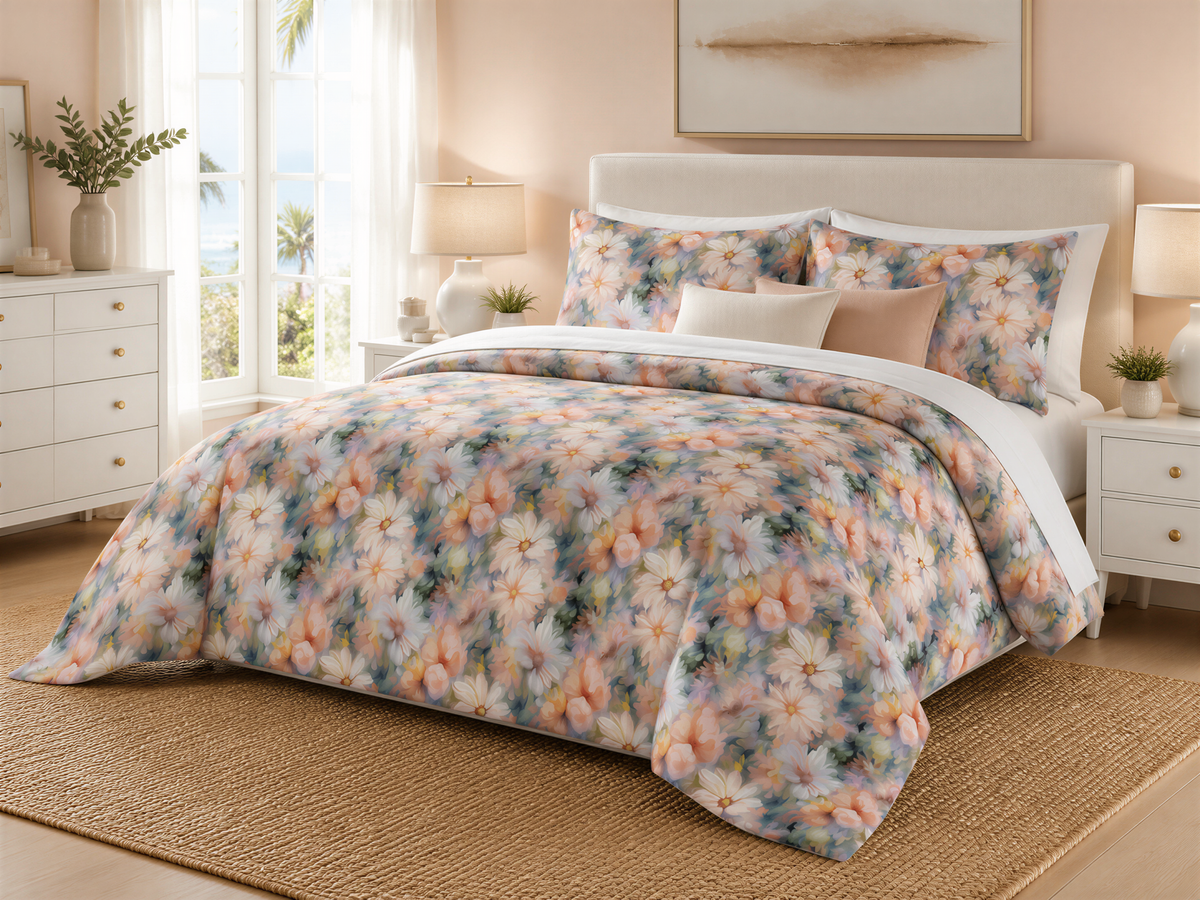 a bedroom with a large floral bedspread and matching pillows, a white headboard, and a window overlooking a scenic outdoor view.