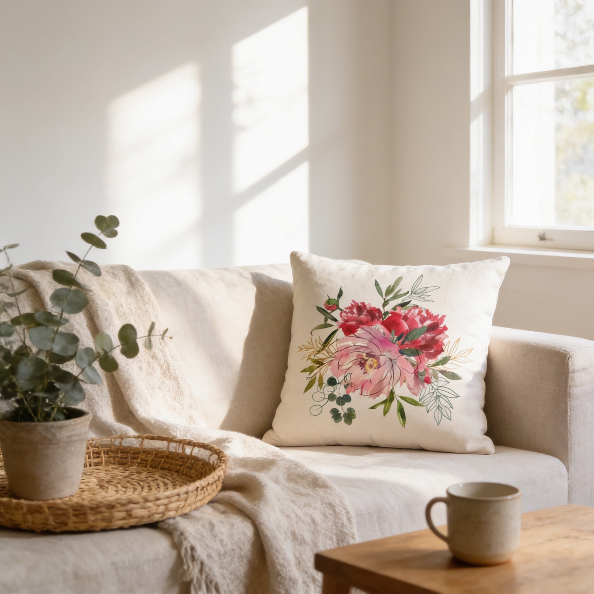 a cozy living room with a beige sofa, a woven basket, a white pillow with a floral design, and a coffee table with a mug on it.