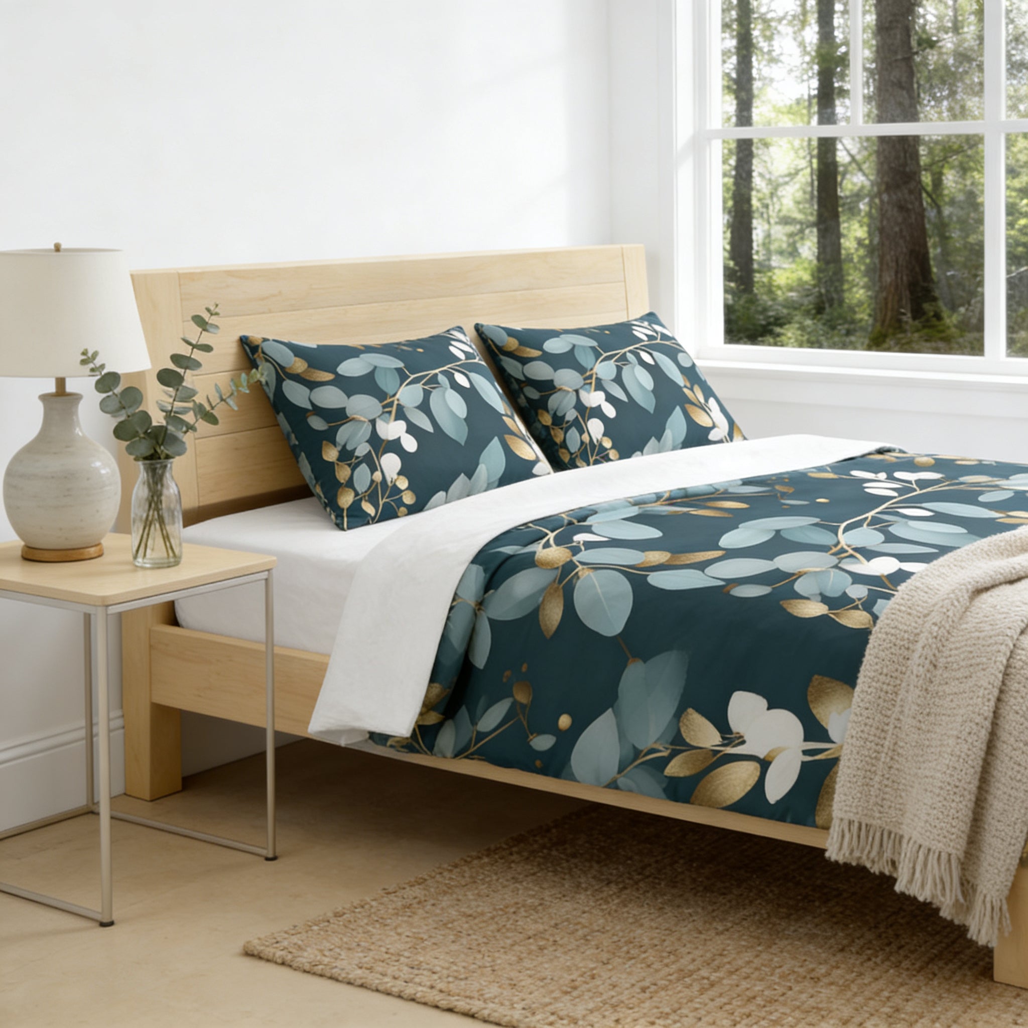 a cozy bedroom with a bed adorned with a blue and gold floral comforter and matching pillows. The bed is positioned against a wall with a window, allowing natural light to fill the room. A nightstand with a lamp and a vase of greenery is situated next to the bed, creating a serene and inviting atmosphere.