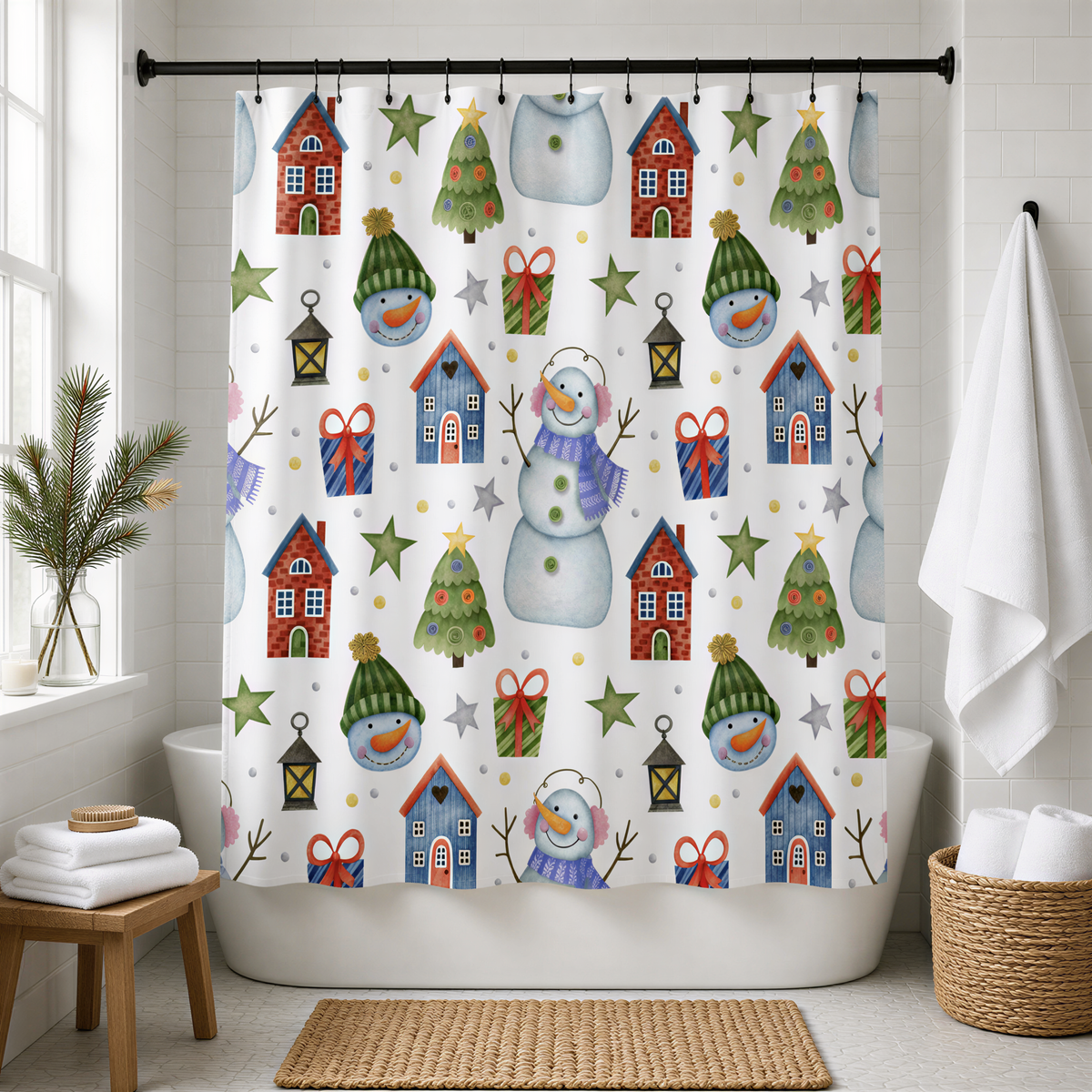 a bathroom decorated for Christmas, with a shower curtain featuring a winter theme. The shower curtain is adorned with various Christmas-themed illustrations, including snowmen, houses, trees, and stars. The bathroom itself has a white color scheme, with a white bathtub and a wicker basket nearby.