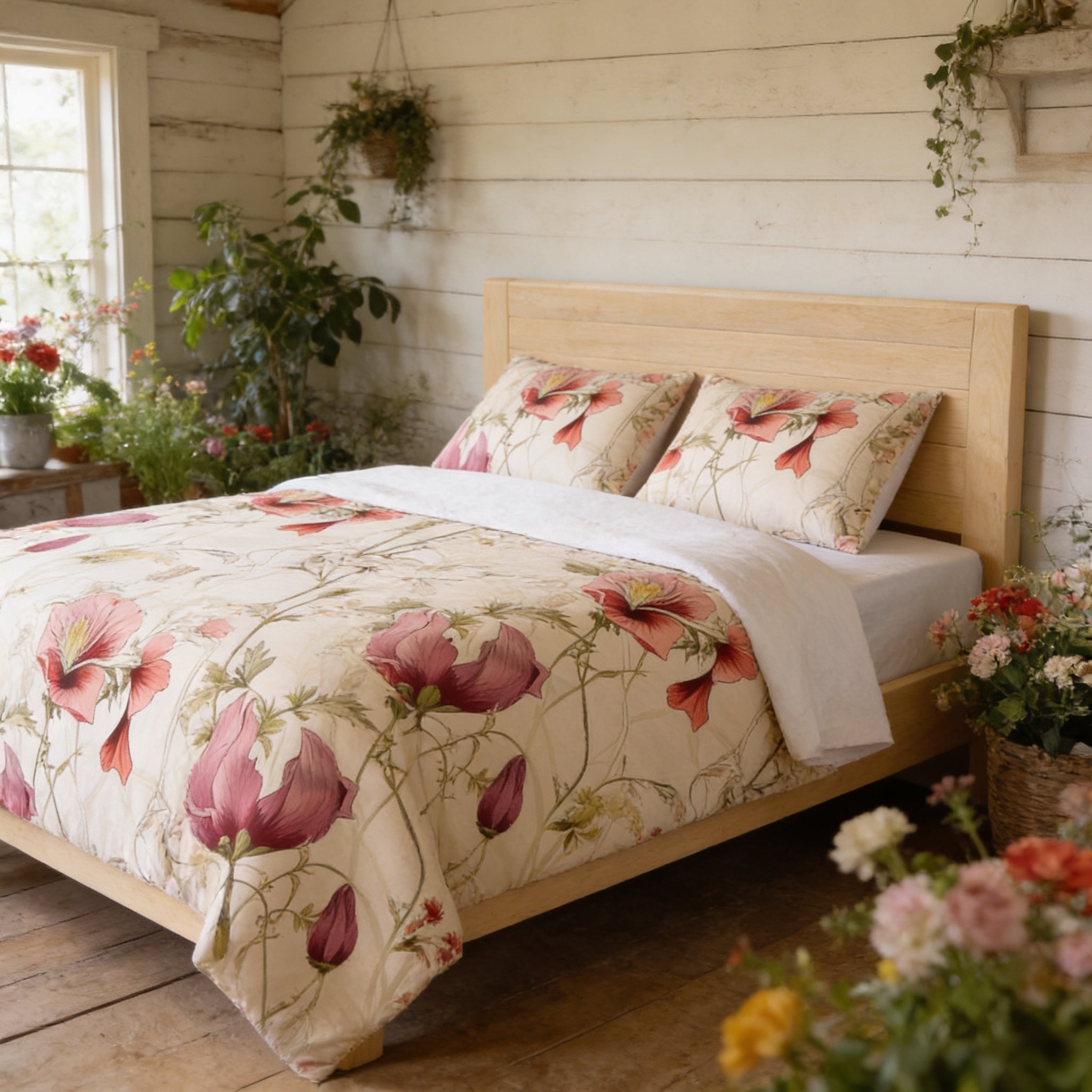 a cozy bedroom with a wooden bed frame, a floral bedspread, and several potted plants surrounding the room.