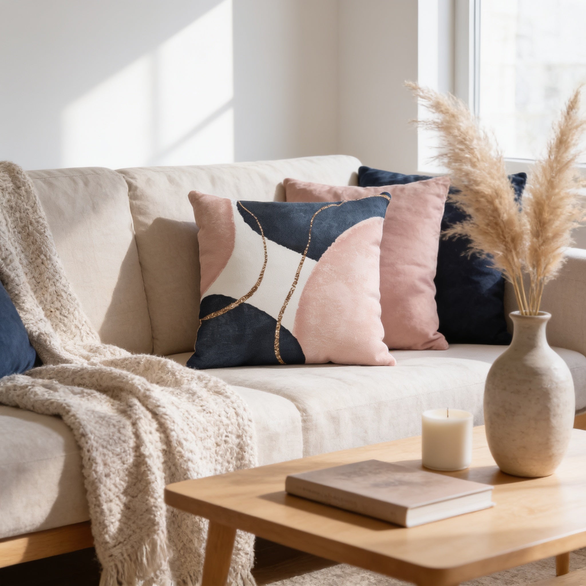 a cozy living room with a beige sofa adorned with colorful throw pillows, a wooden coffee table with a book and a candle, and a vase with potted plants.