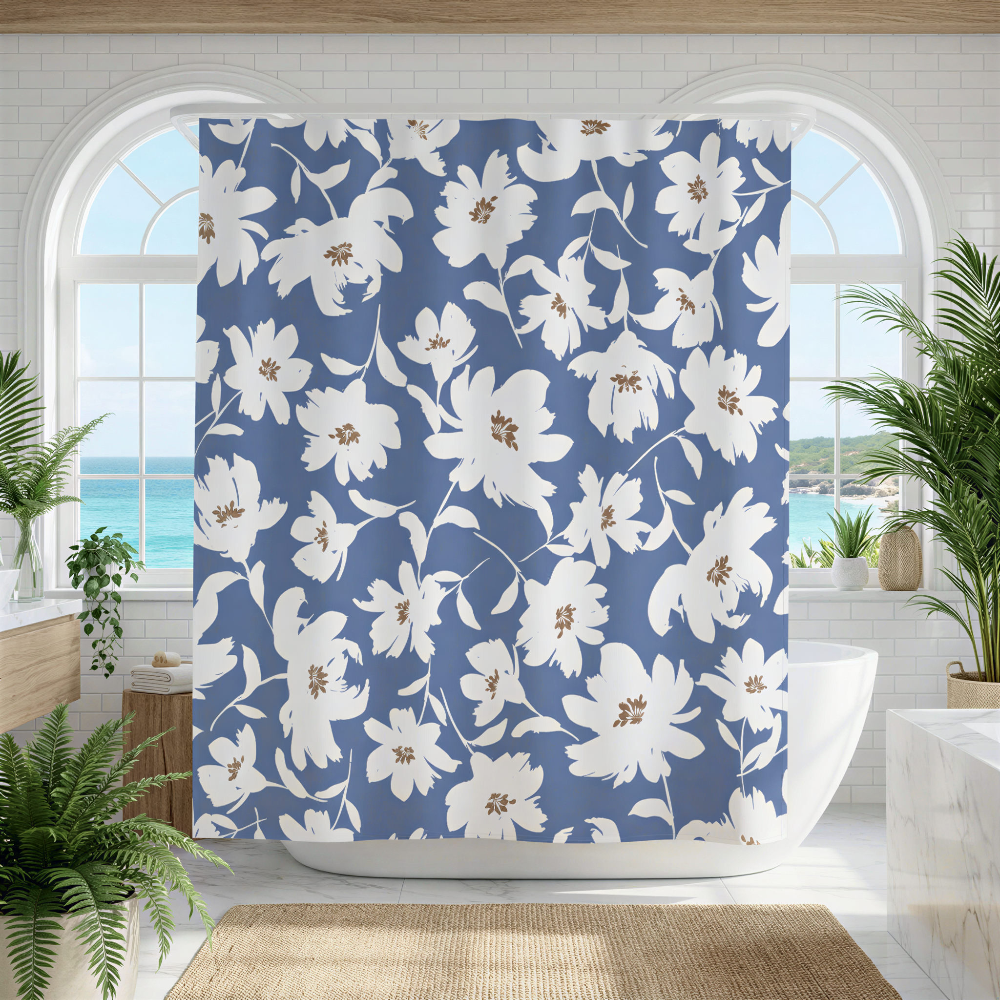 a bathroom with a large blue floral patterned shower curtain hanging in front of a window overlooking the ocean. The bathroom is decorated with potted plants and has a white bathtub.