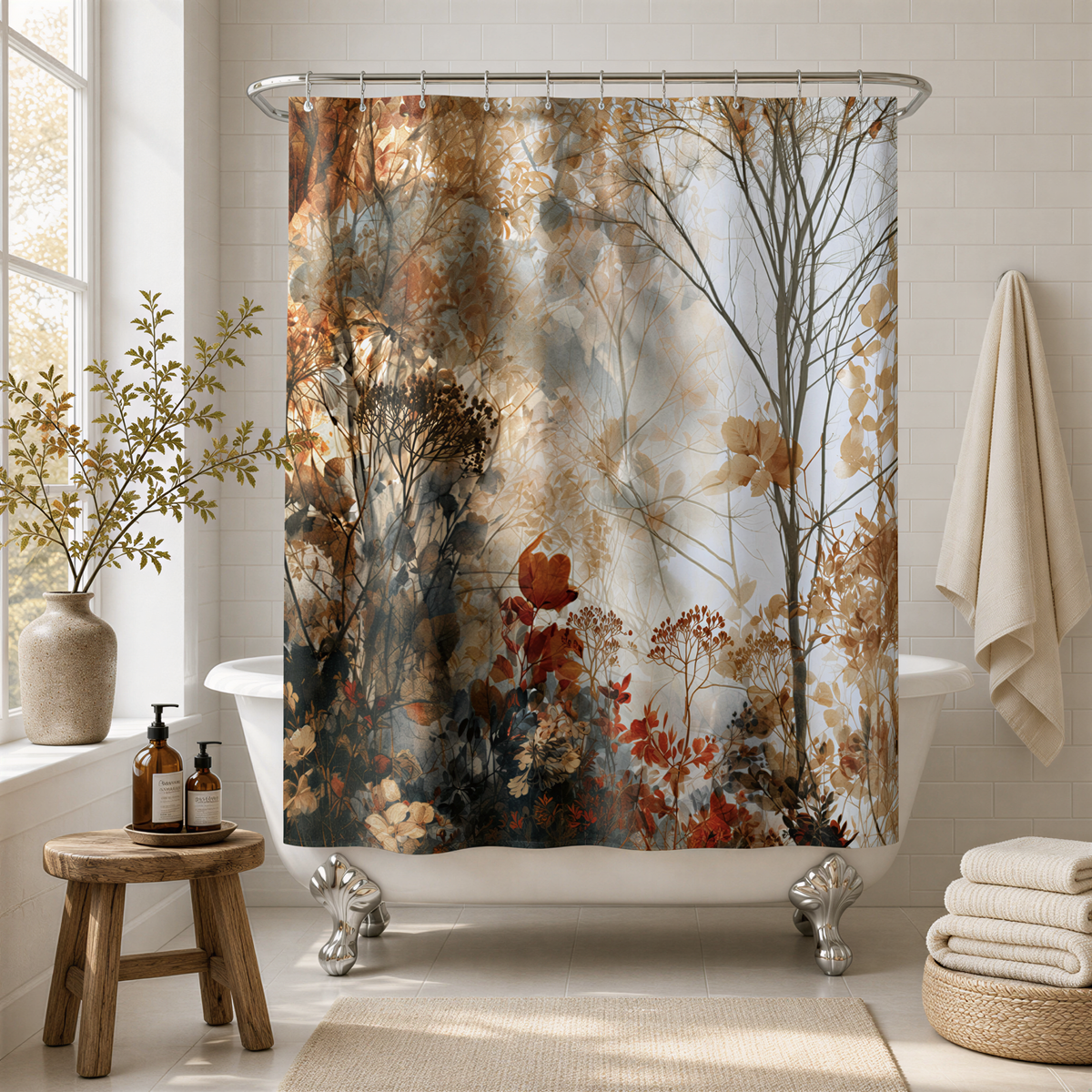 a bathroom with a white bathtub, a wooden stool, and a large shower curtain featuring a forest scene with trees and flowers.