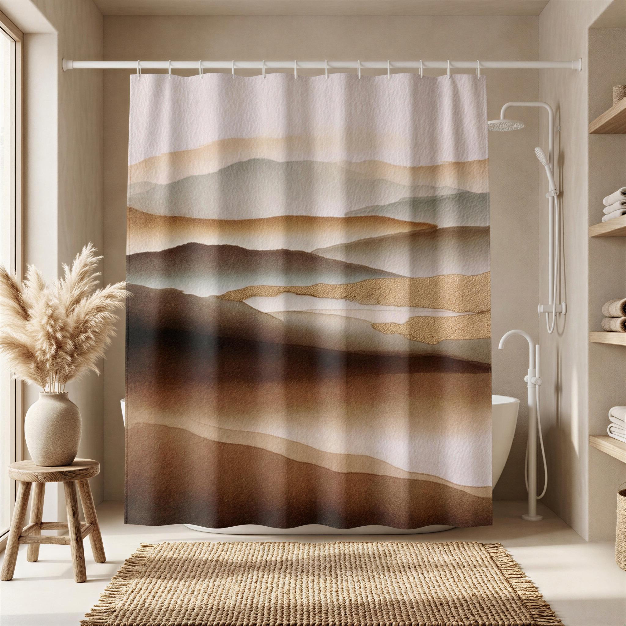 a bathroom with a shower curtain that has a landscape design, including mountains and a body of water. The shower curtain is hanging from a rod, and there is a rug in front of the shower. The bathroom also has a vase of potted plants and a wooden stool.