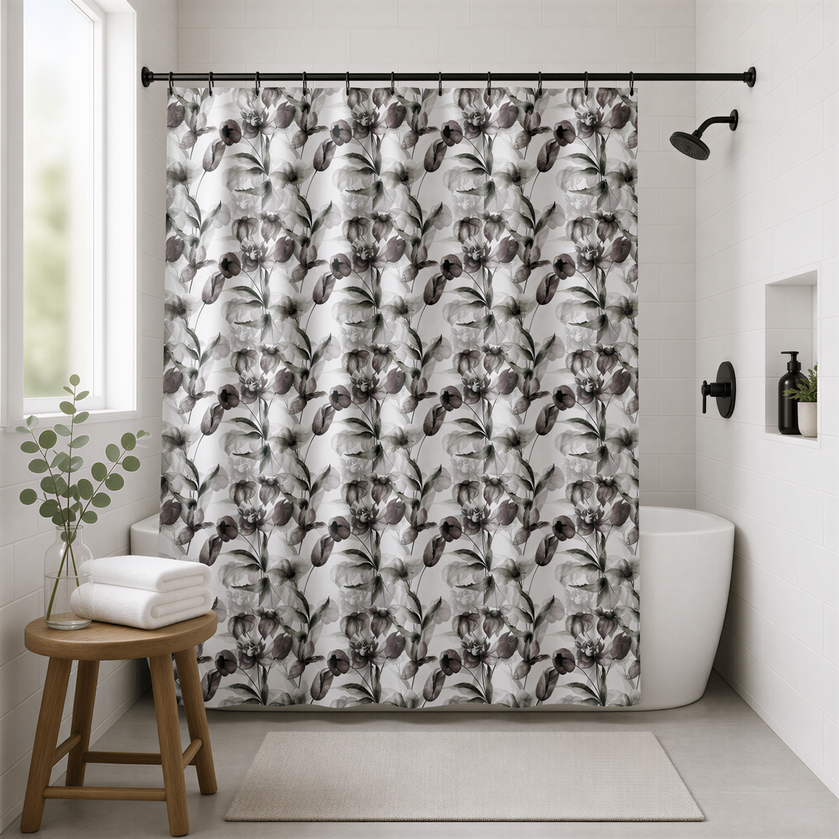 a bathroom with a shower curtain featuring a floral pattern in black and white. The shower curtain is hanging from a rod above a white bathtub. There is a wooden stool in the foreground, and a plant is visible on the windowsill.