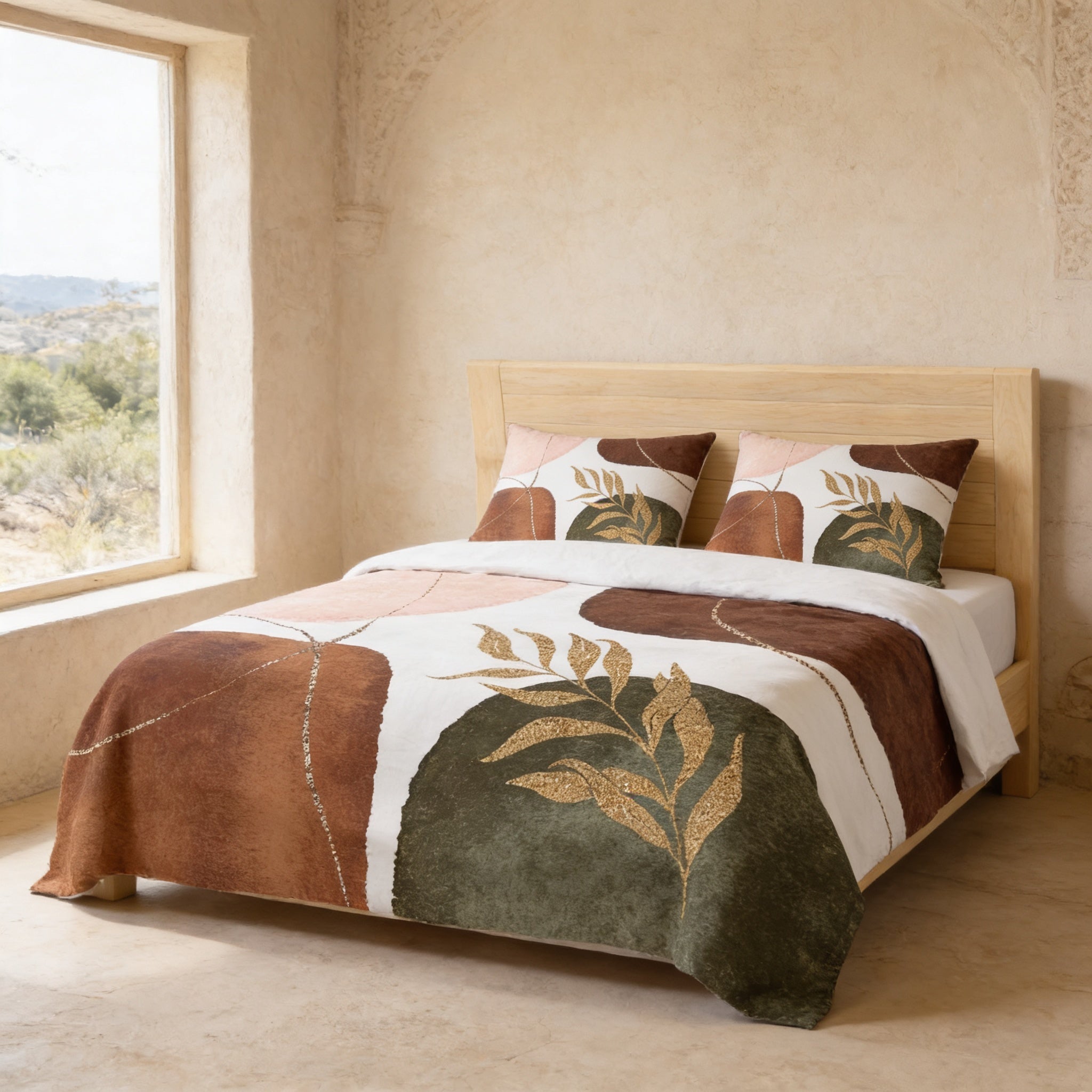a bedroom with a bed featuring a colorful, abstract patterned bedspread and pillows. The bed is positioned against a wall with a window, providing a view of the outdoors.