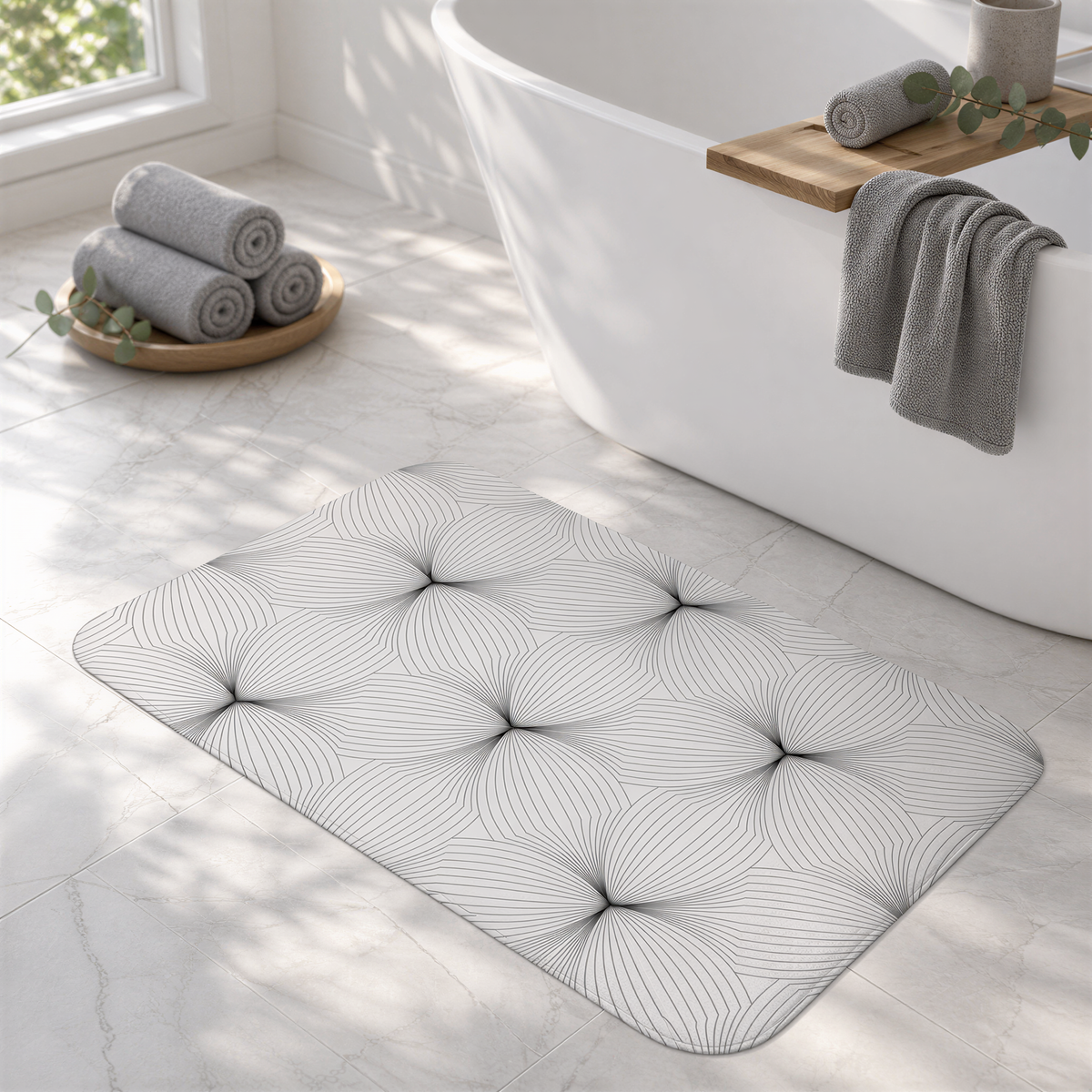 a bathroom with a white bathtub, a wooden tray with rolled towels, and a decorative rug with a geometric pattern.