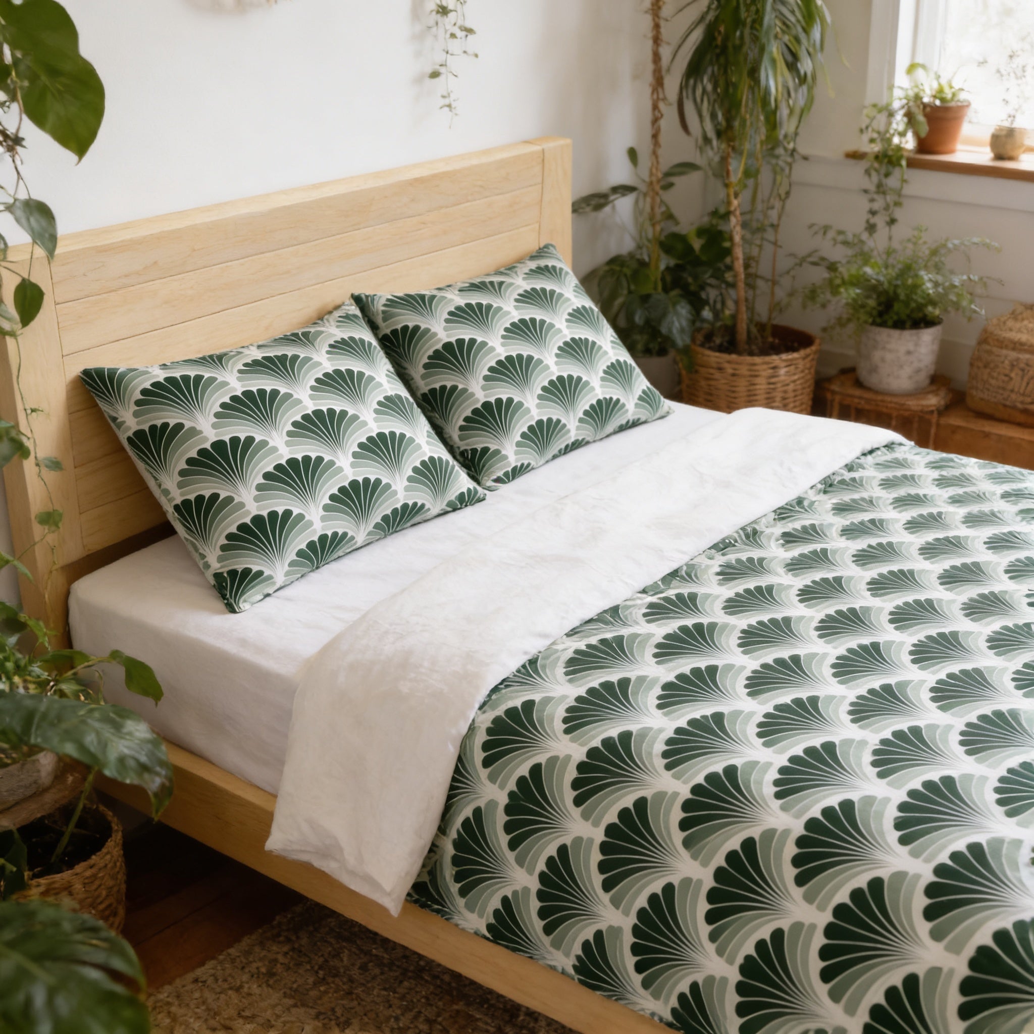 a cozy bedroom with a bed adorned with a green and white patterned comforter and pillows. The bed is surrounded by various potted plants, creating a serene and natural atmosphere.