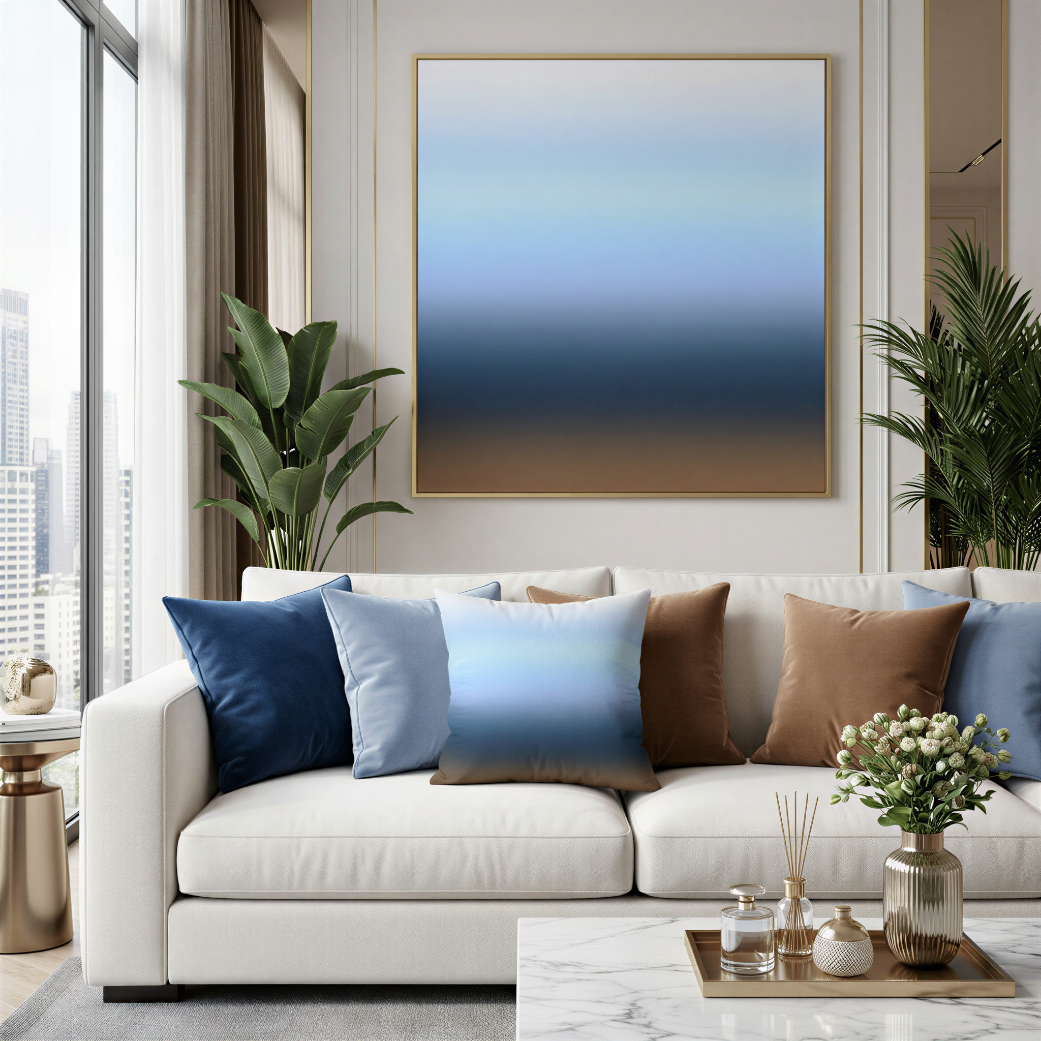a modern living room with a large window overlooking a city skyline. The room is furnished with a white sofa adorned with blue and brown throw pillows, and a marble coffee table in front of the sofa. A large abstract painting hangs on the wall above the sofa, and the room is decorated with potted plants and vases, creating a serene and stylish atmosphere.