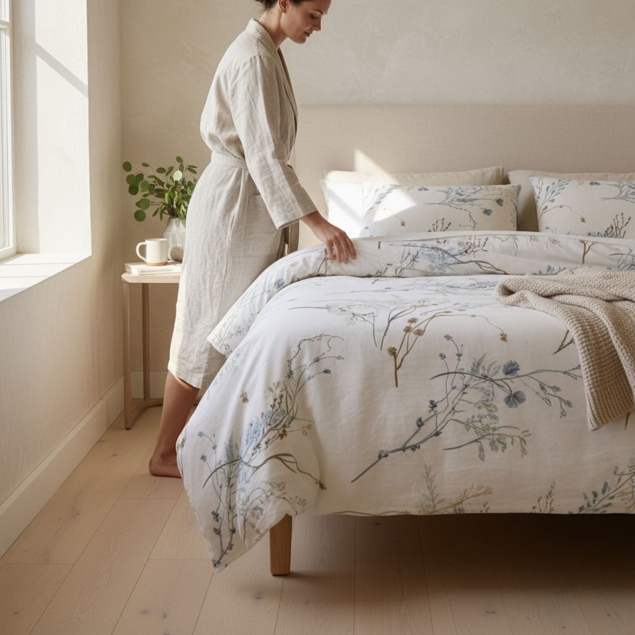 A woman in a robe is arranging the bed linens in a bedroom with a floral patterned comforter and pillows.
